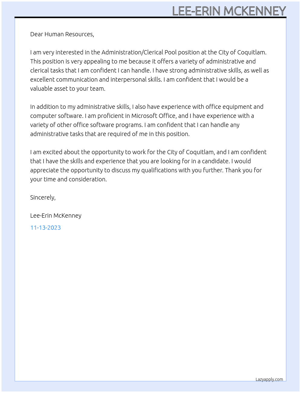 Administration/Clerical Pool At City of Coquitlam Cover Letter