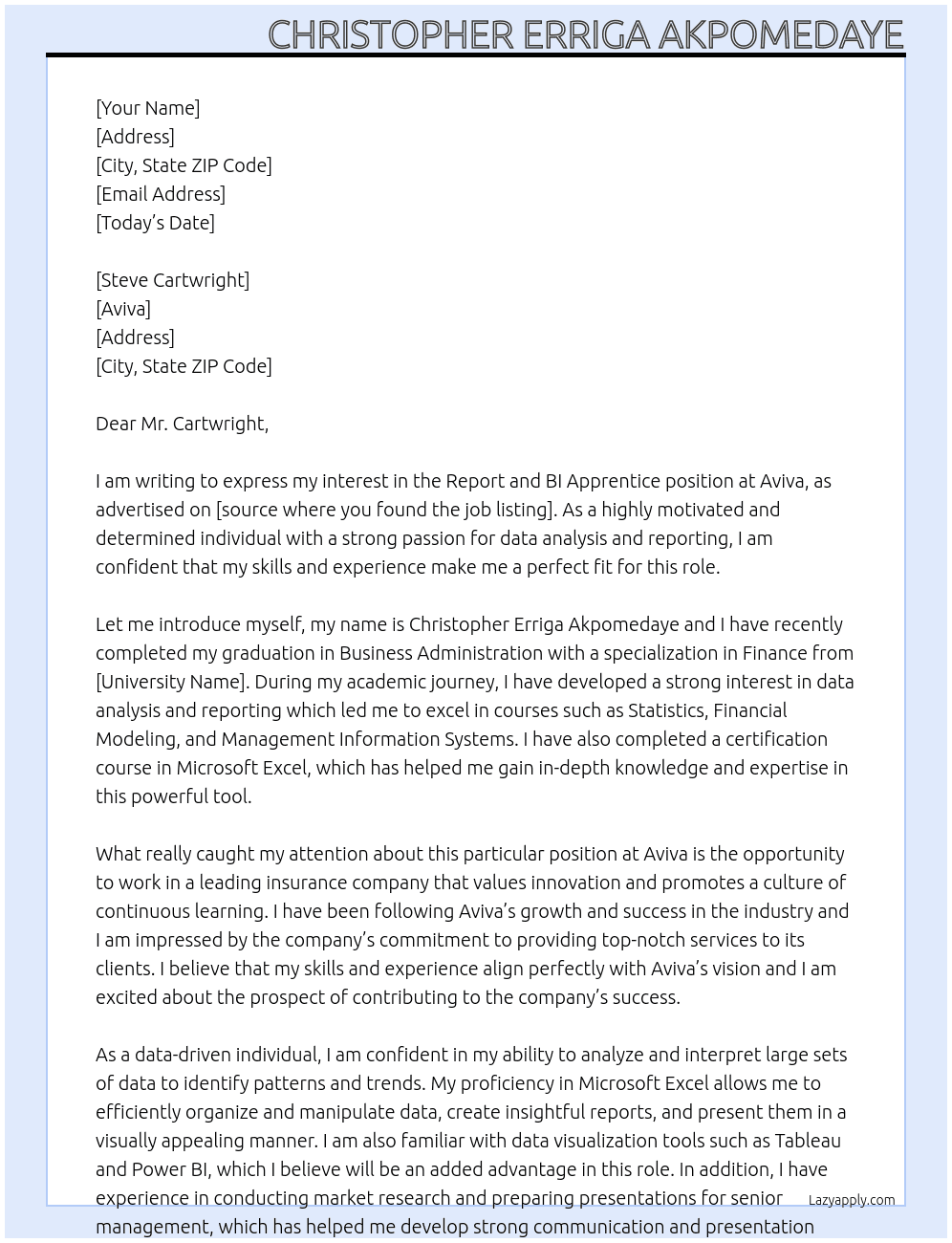 Report and BI Apprentice At Aviva Cover Letter