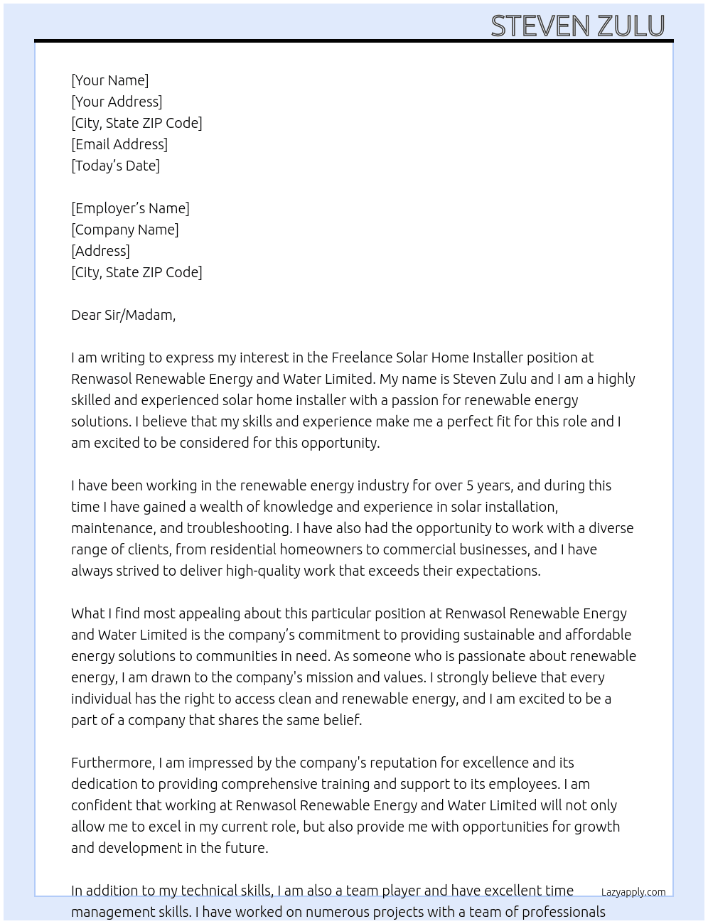 Cover letter for freelance solar home installer - LazyApply