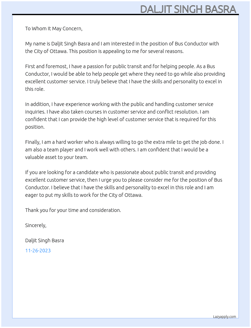 Bus Conductor At City of Ottawa Cover Letter