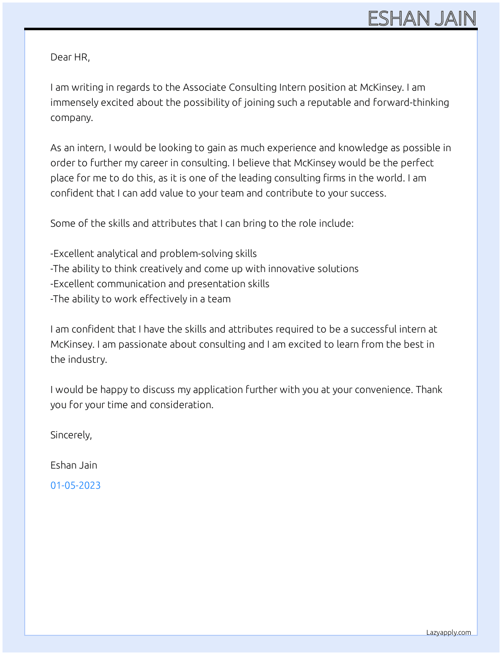 Cover letter for associate consulting intern - LazyApply
