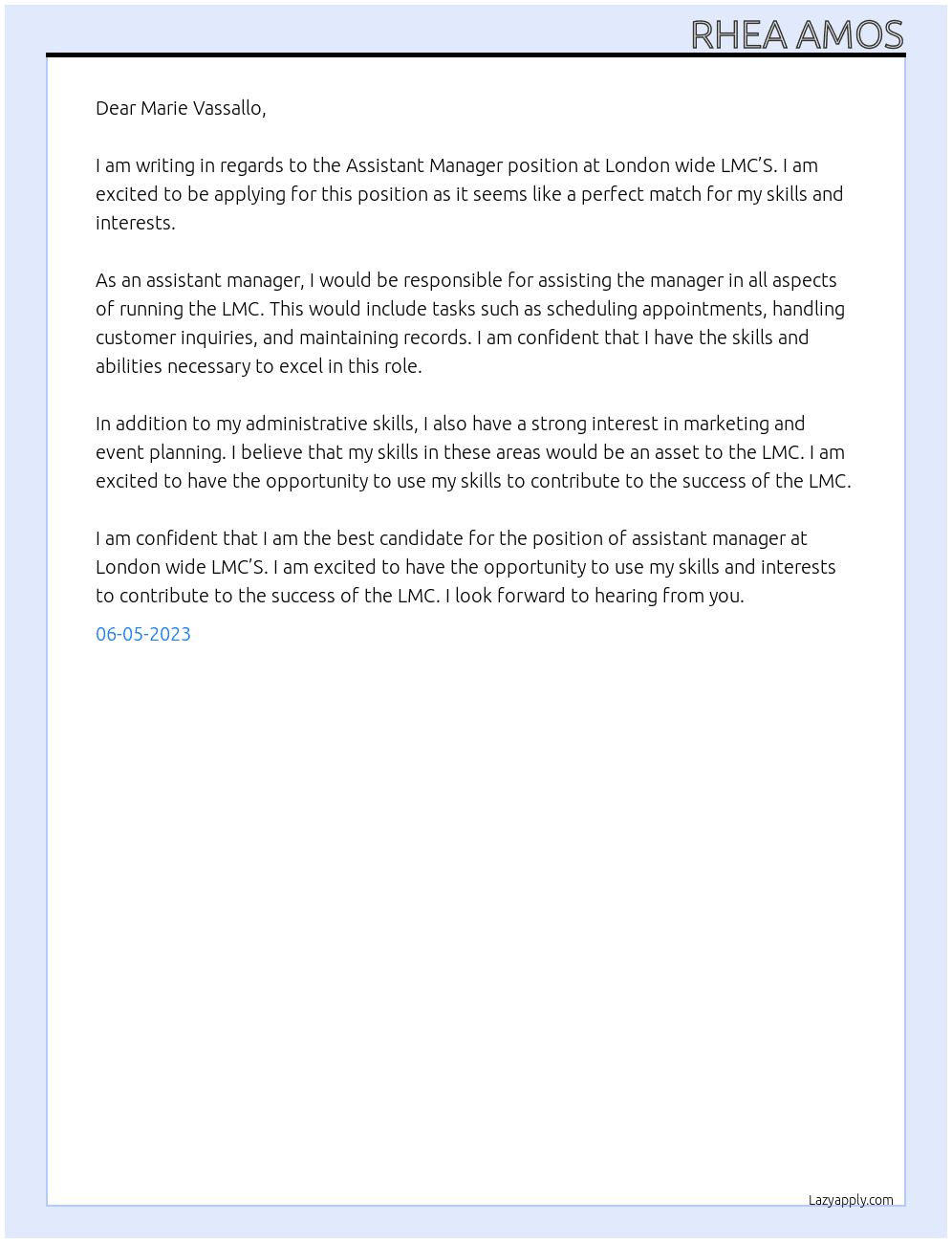 Assistant Manager At London wide LMC’S Cover Letter