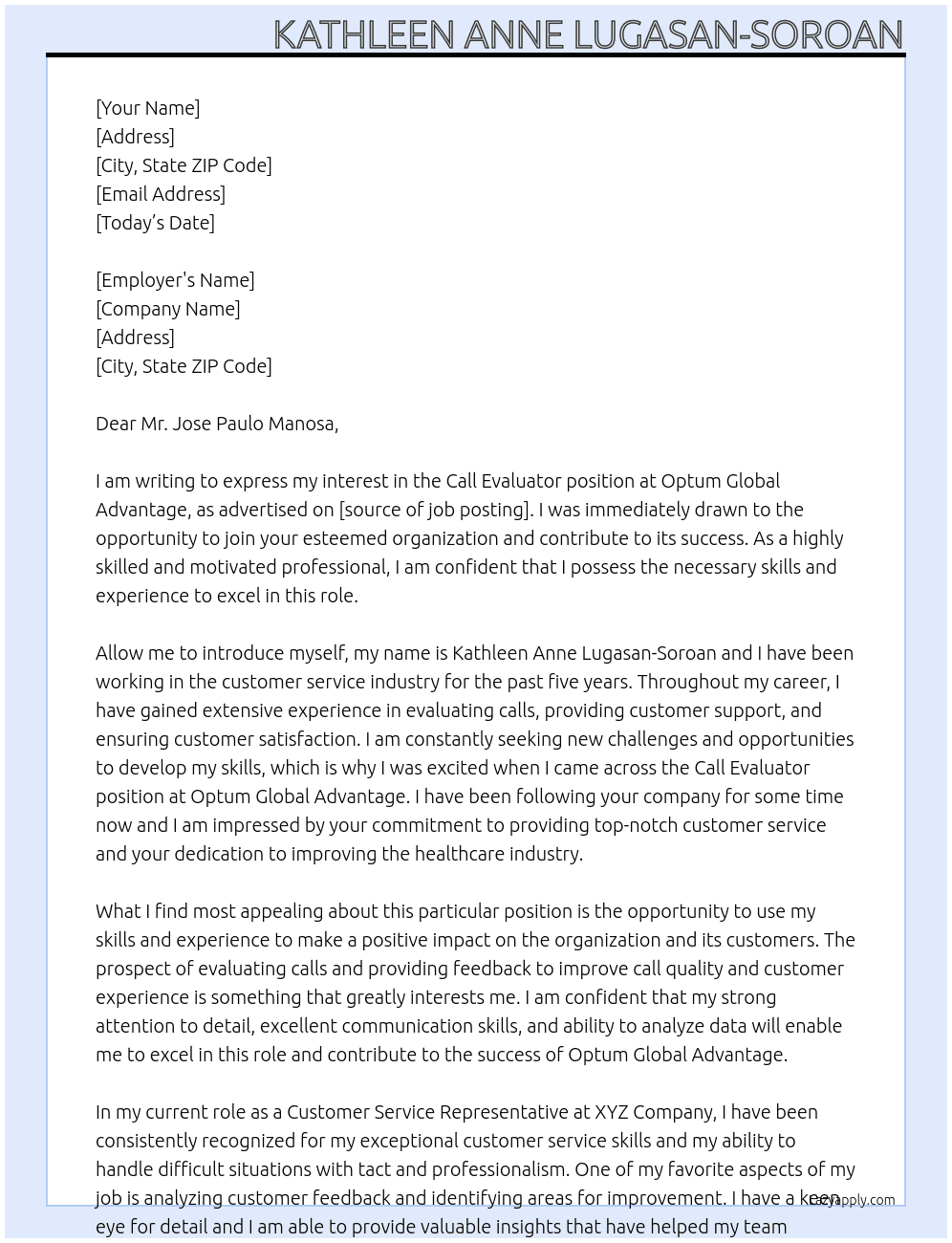 Call Evaluator At Optum Global Advantage Cover Letter
