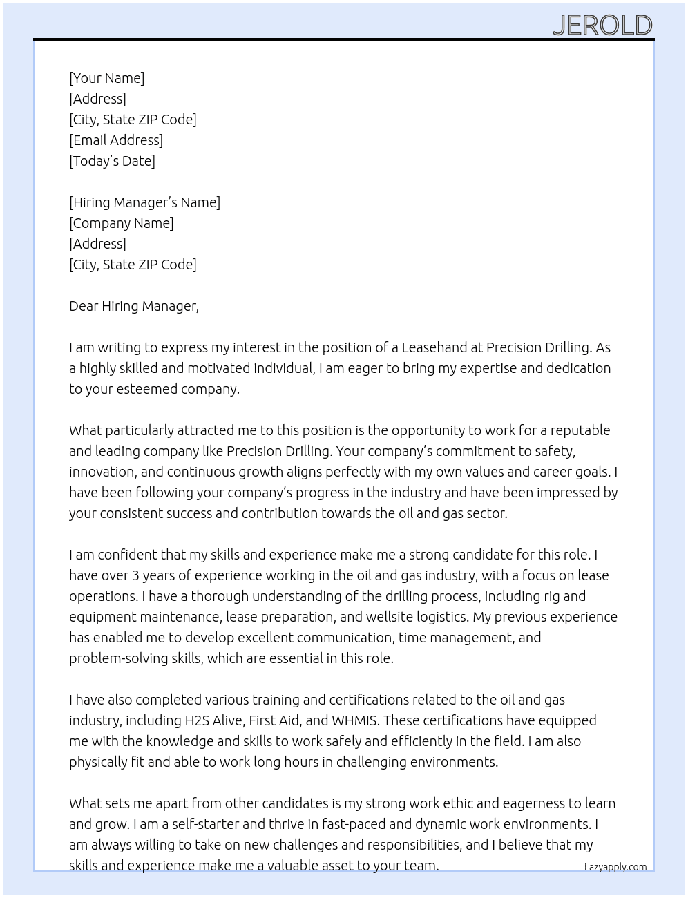 Leasehand At Precision Drilling Cover Letter