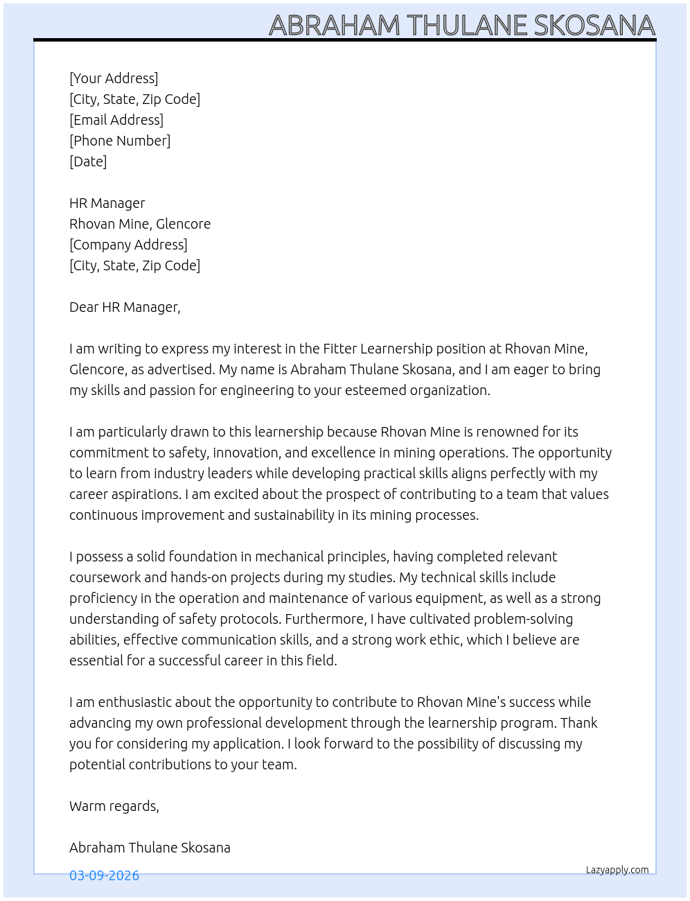 Fitter leanership  At Rhovan mine, Glencore  Cover Letter
