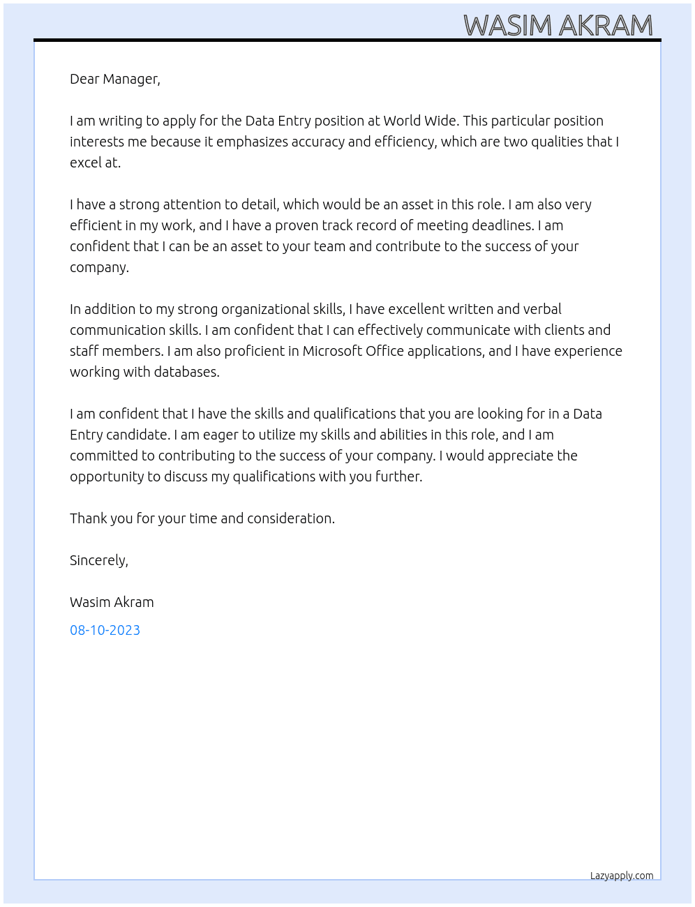 Data Entry  At World Wide  Cover Letter