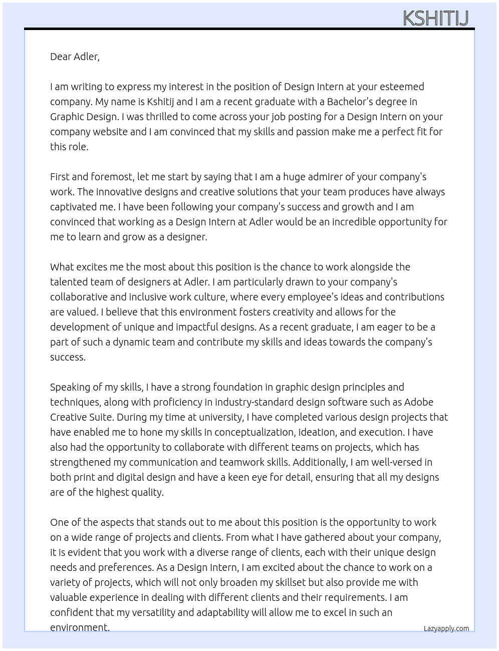 DESIGN INTERN At Adler Cover Letter