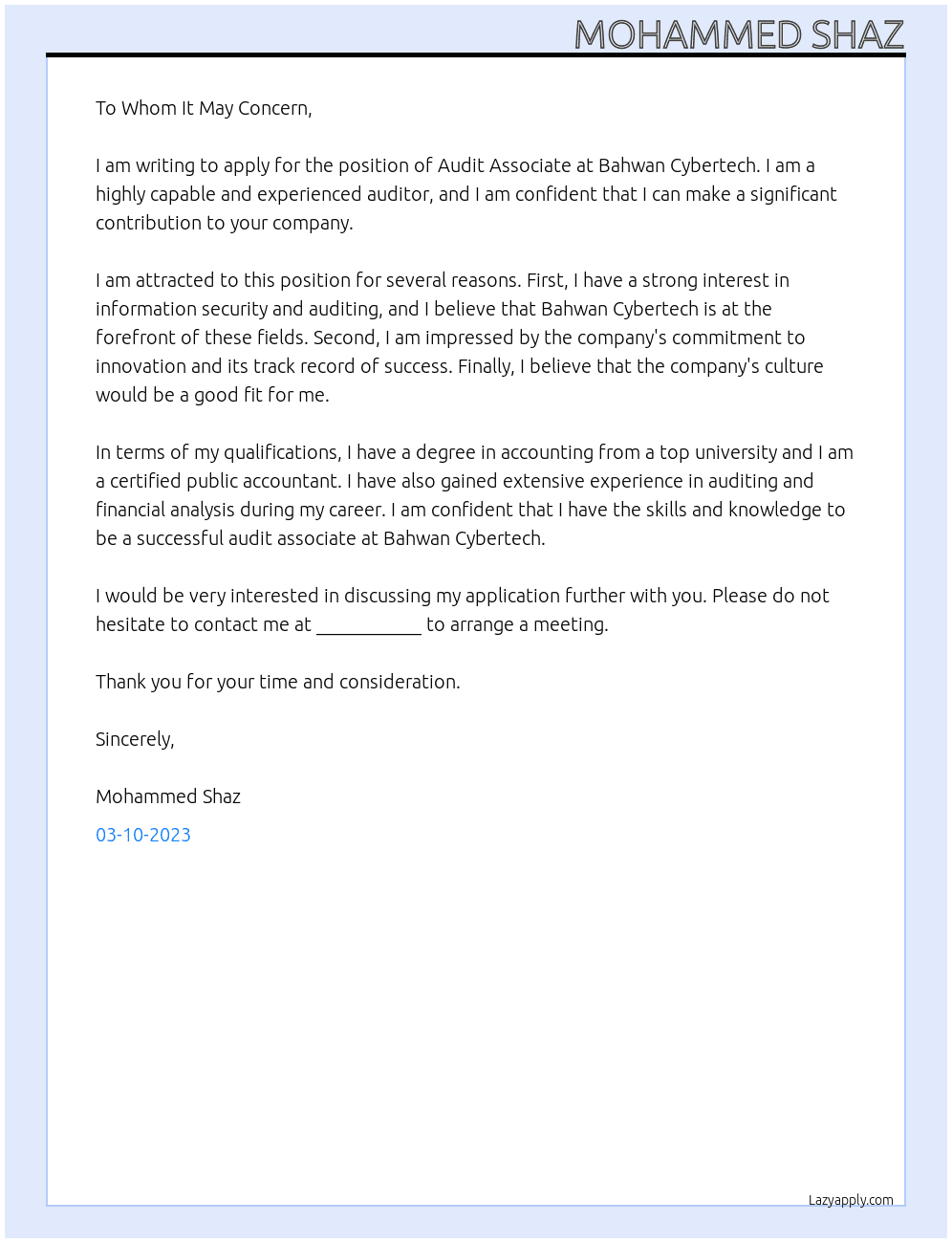 Audit associate At BAHWAN CYBERTECH Cover Letter