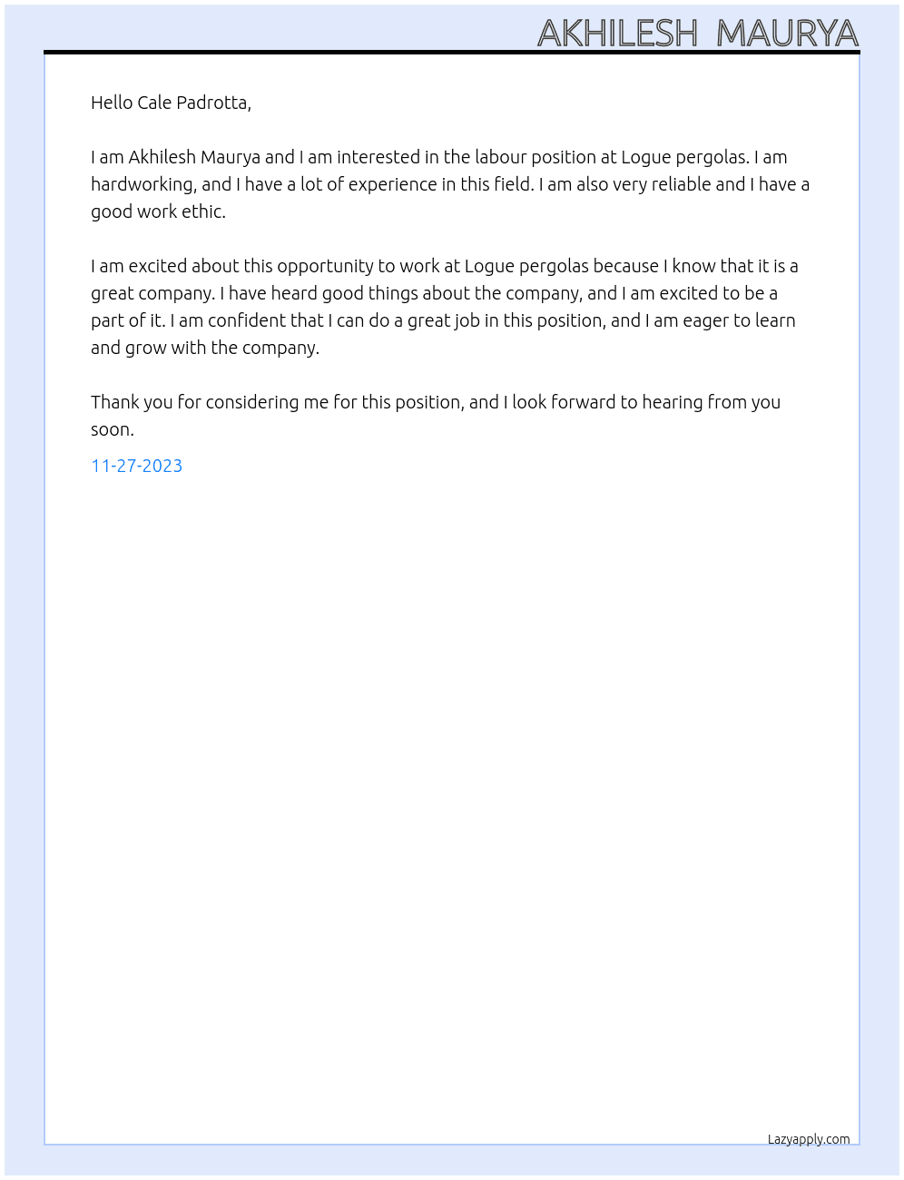 Labours  At Logue pergolas Cover Letter