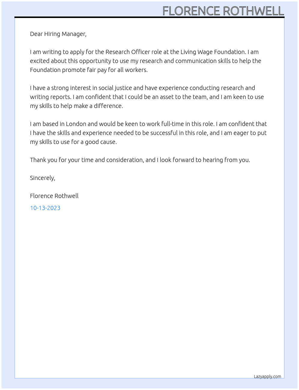research officer At Living Wage Foundation Cover Letter