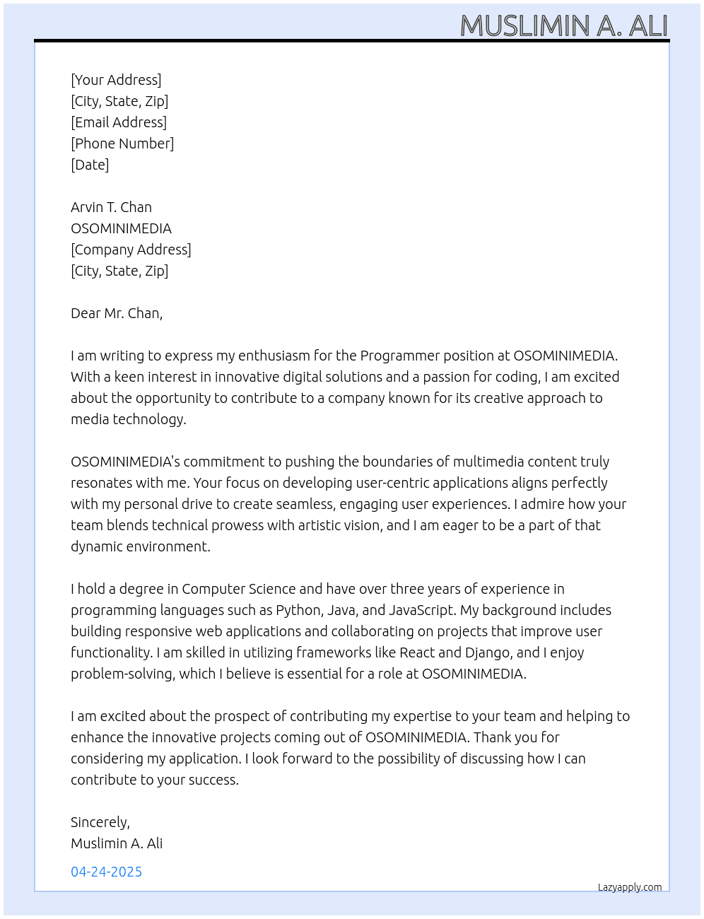 Programmer  At OSOMINIMEDIA Cover Letter