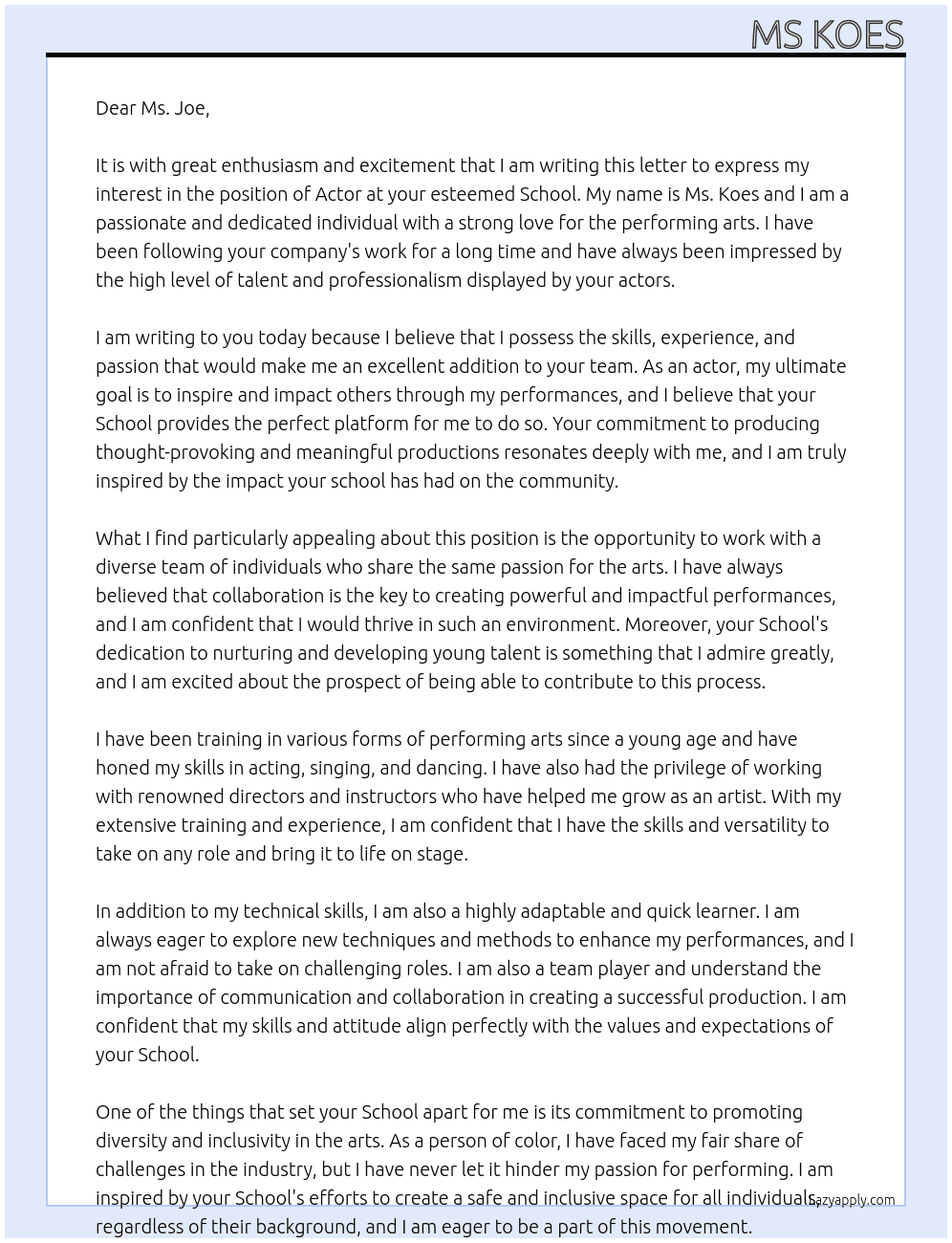 Actor  At School Cover Letter