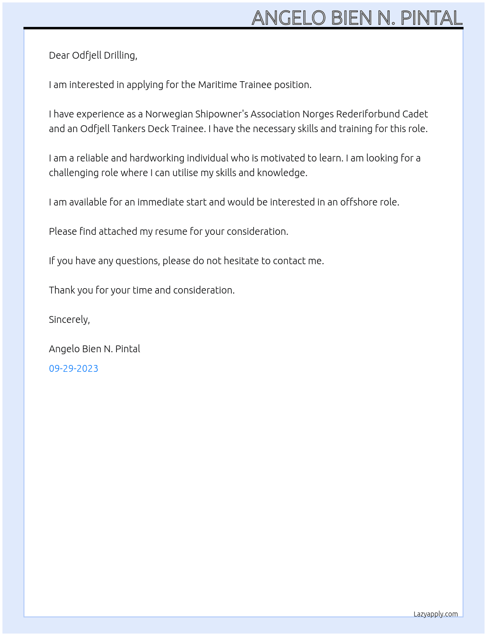 Maritime Trainee At Odfjell Drilling Cover Letter