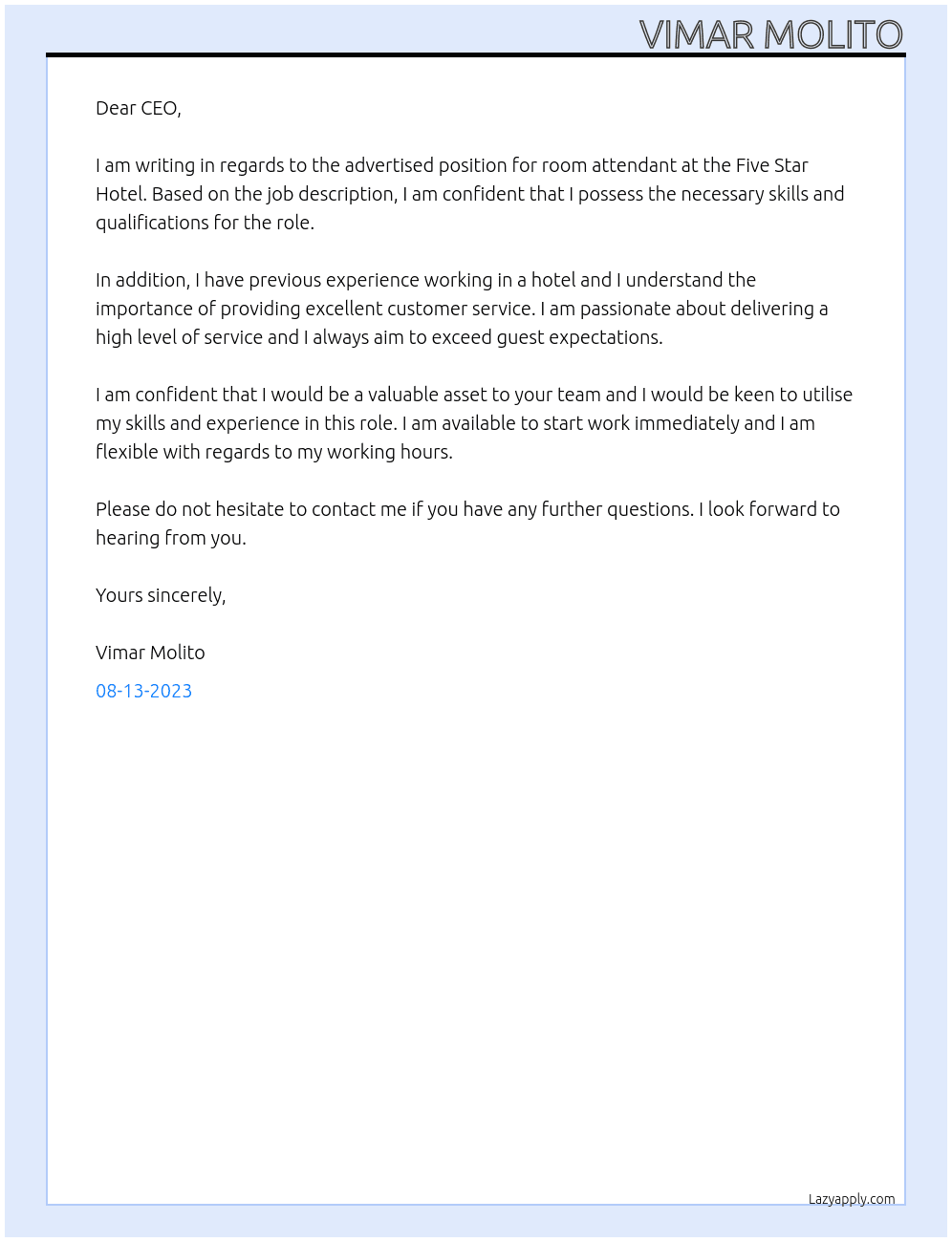 Room Attendant  At Five star hotel Cover Letter