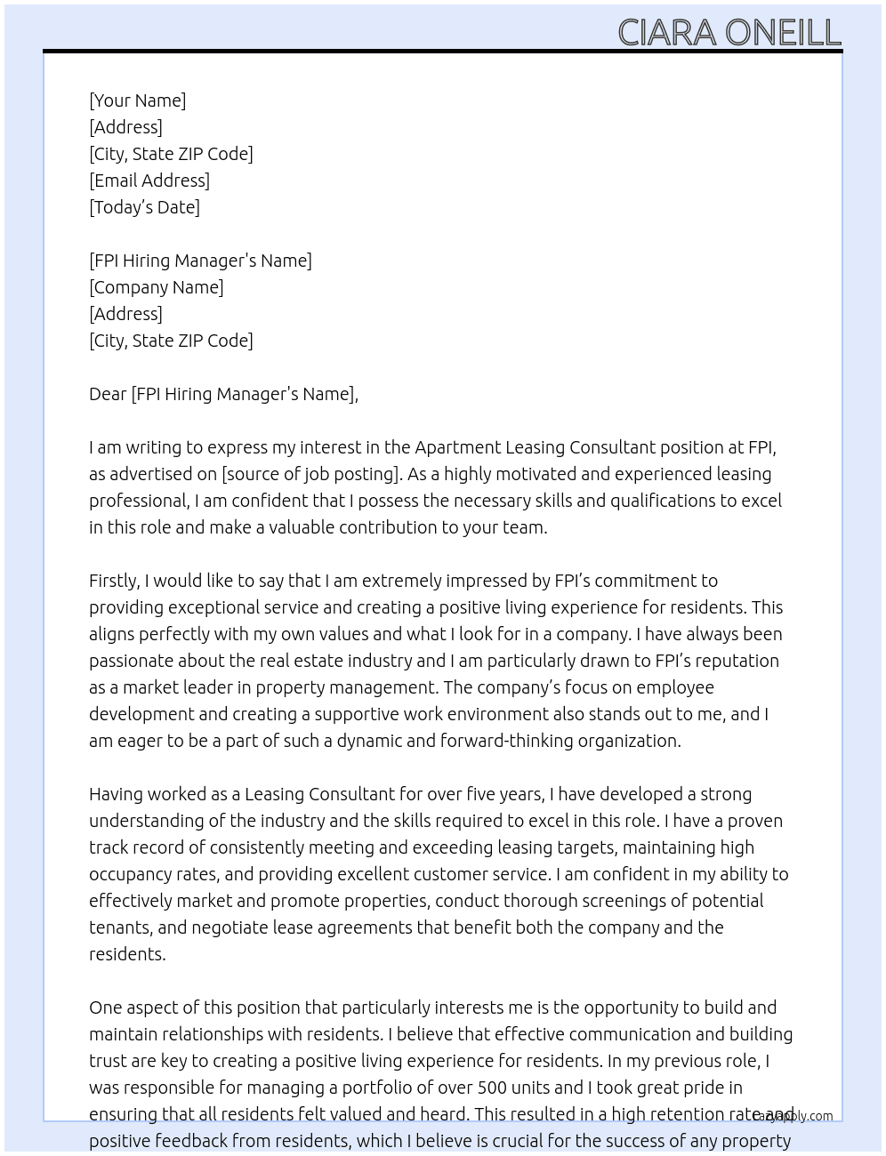 Apartment leasing consultant  At FPI Cover Letter