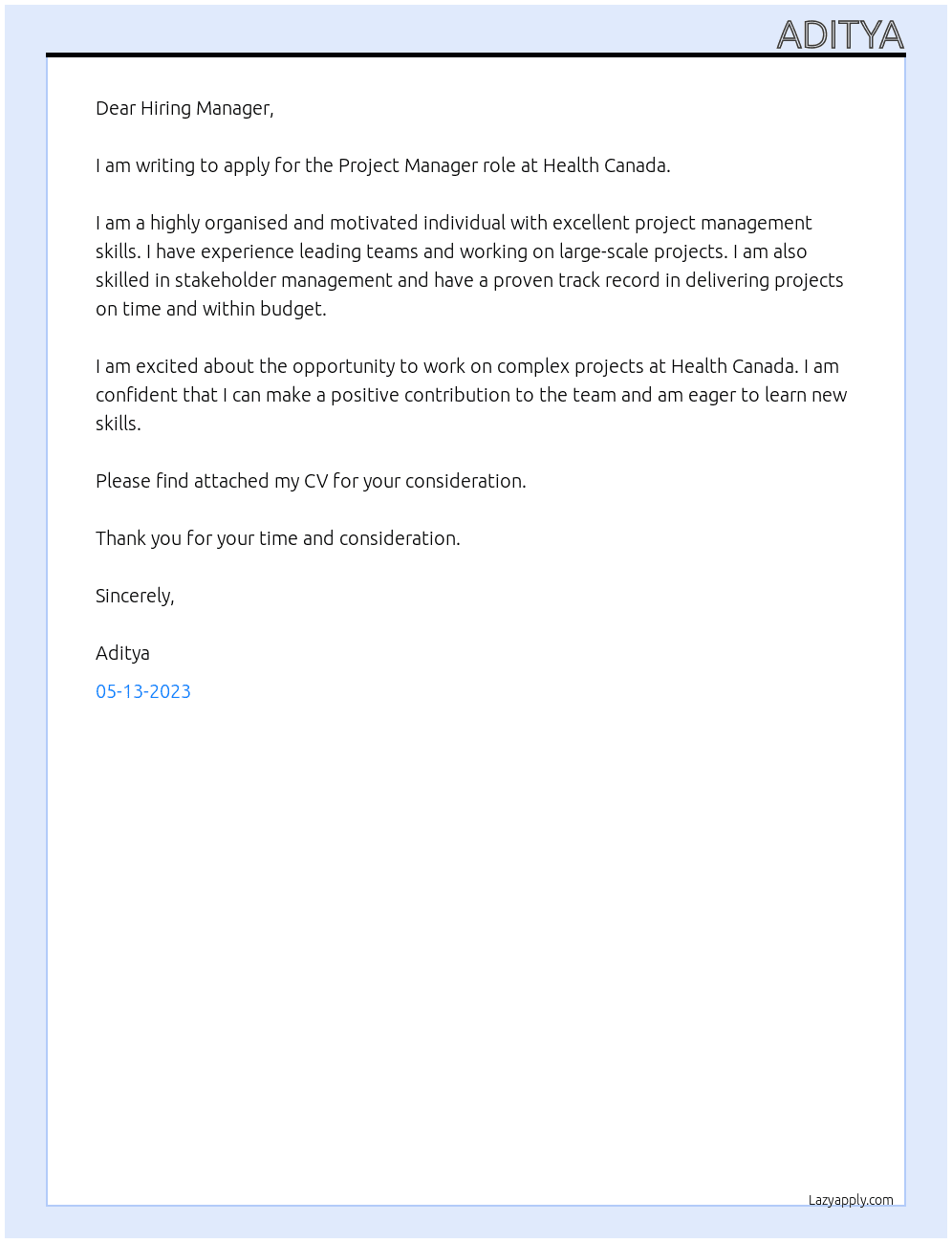 Project Manager At Health Canada Cover Letter