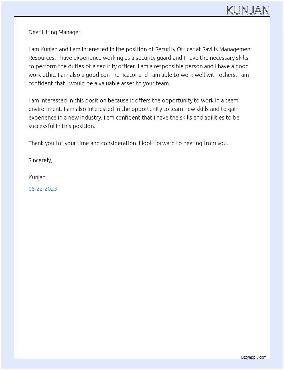 Security Officer At Savills Management Resources Cover Letter