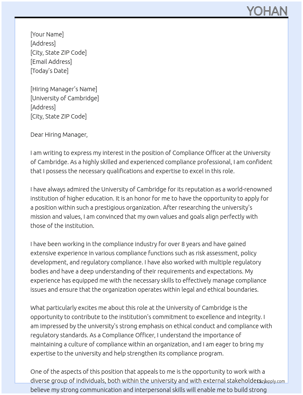 Compliance Officer At University of Cambridge Cover Letter