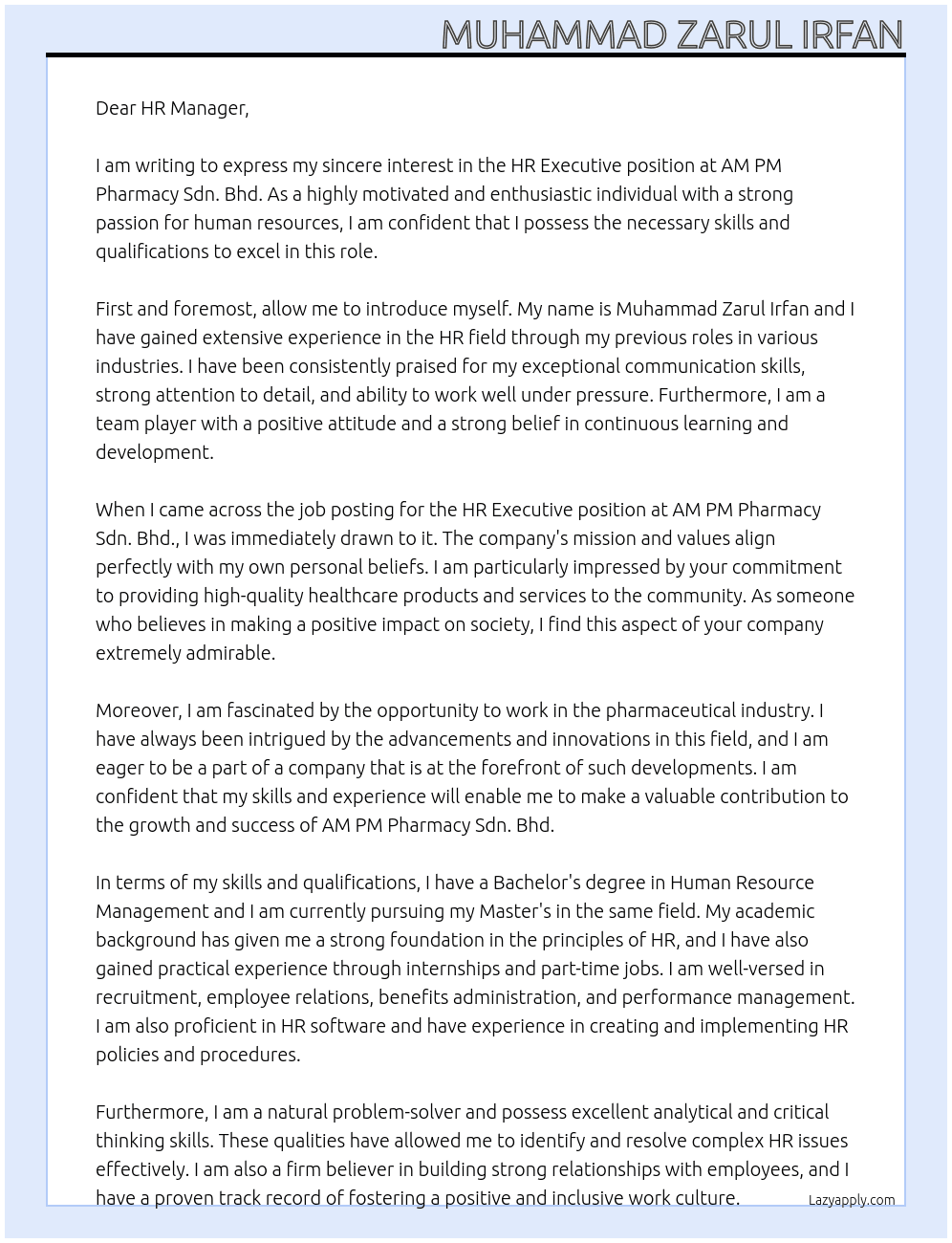 HR EXECUTIVE At AM PM PHARMACY SDN. BHD. Cover Letter