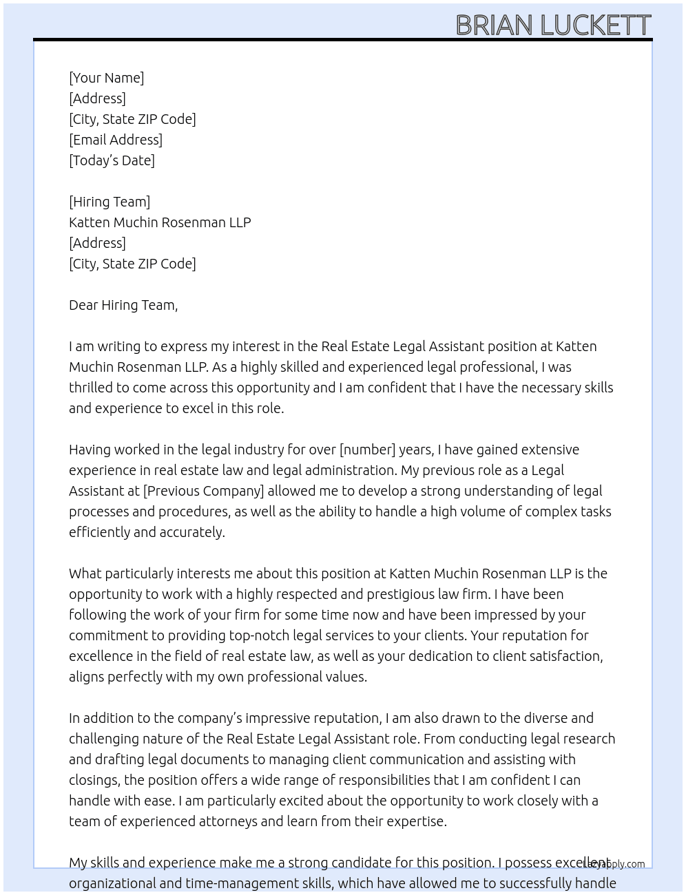 Real Estate Legal Assistant At Katten Muchin Rosenman LLP  Cover Letter