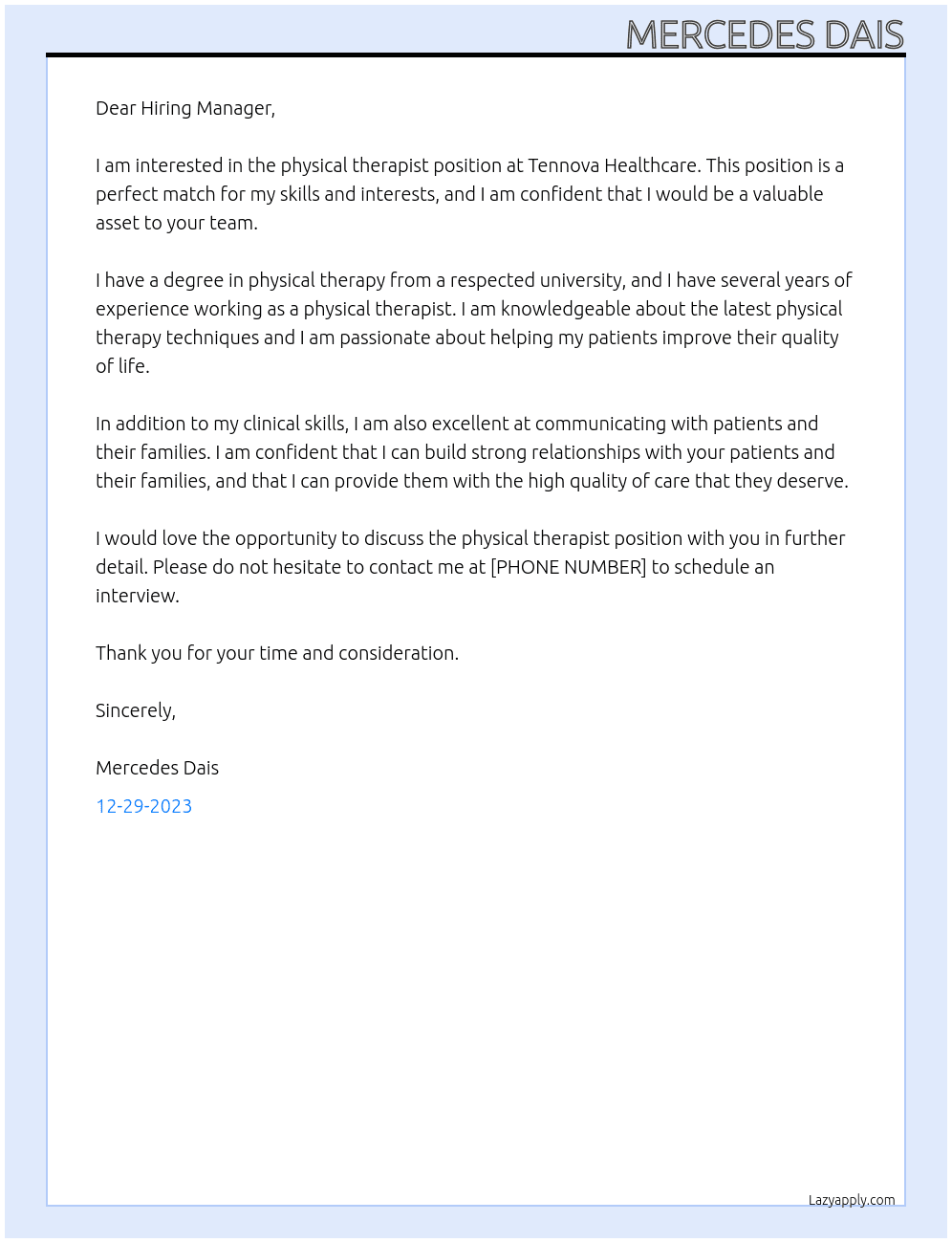 Physical Therapist At Tennova Healthcare Cover Letter