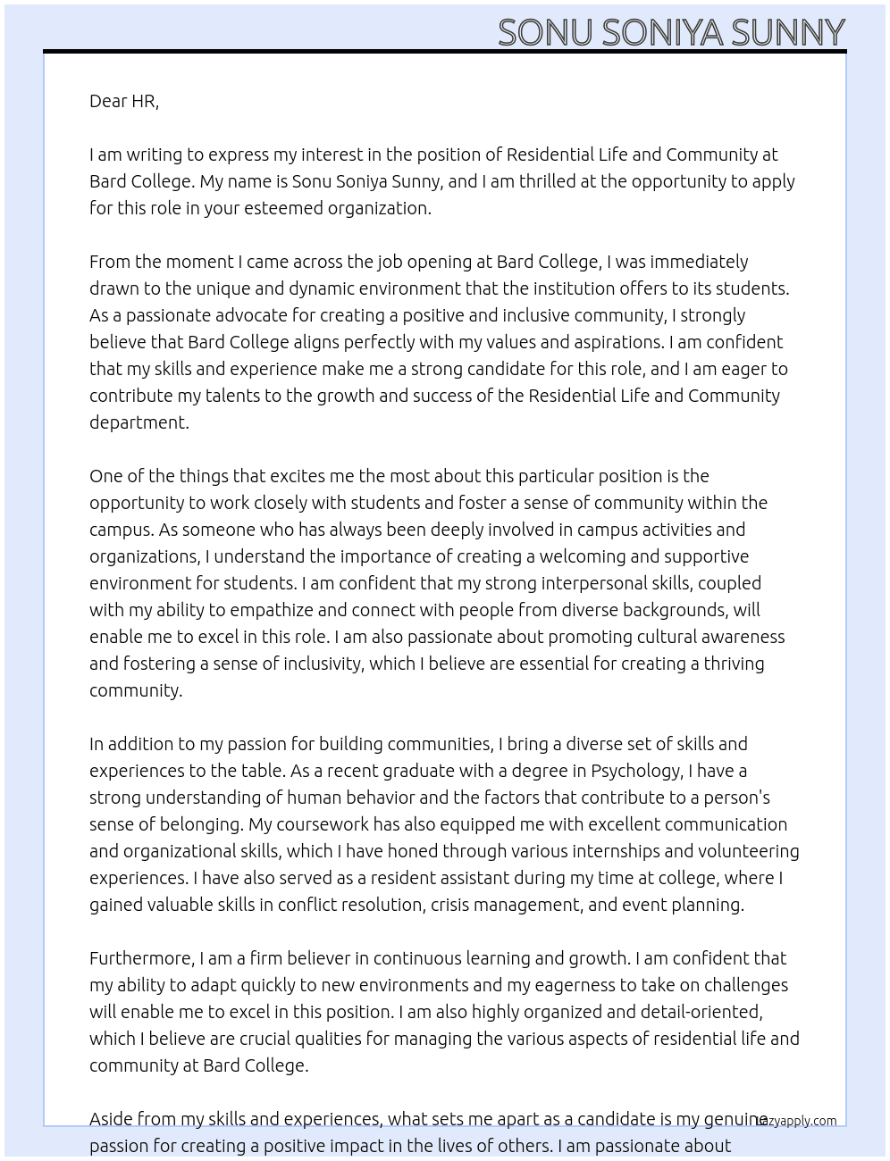 residential life and community  At Bard College Cover Letter