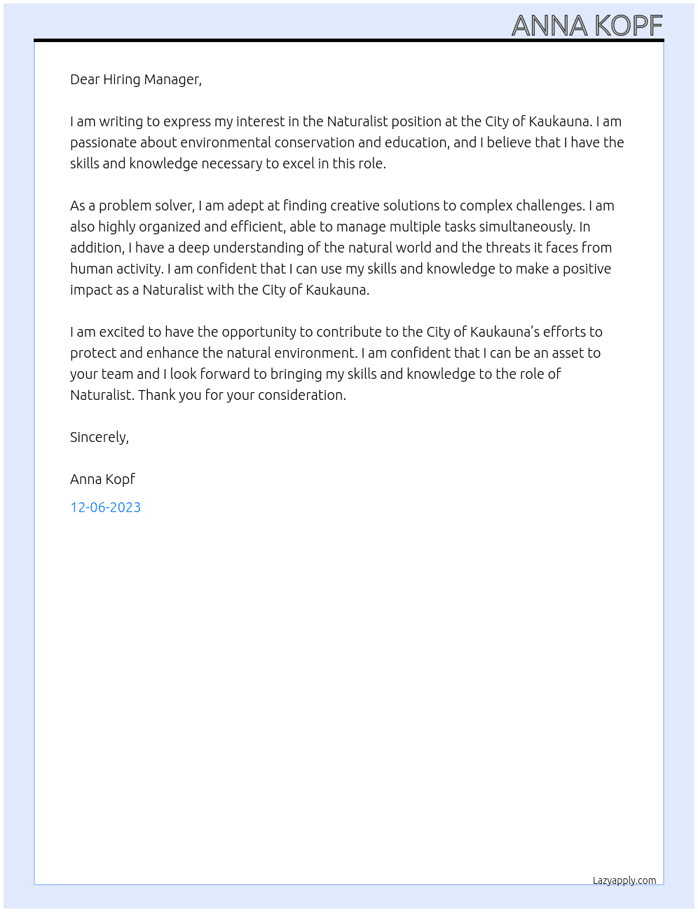 Naturalist At City of Kaukauna Cover Letter