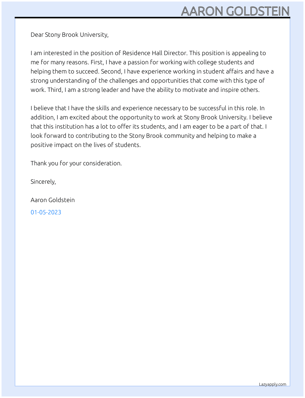 Residence Hall Director At Stony Brook University Cover Letter