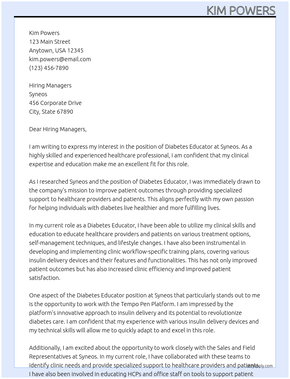 Diabetes Educator At Syneos Cover Letter