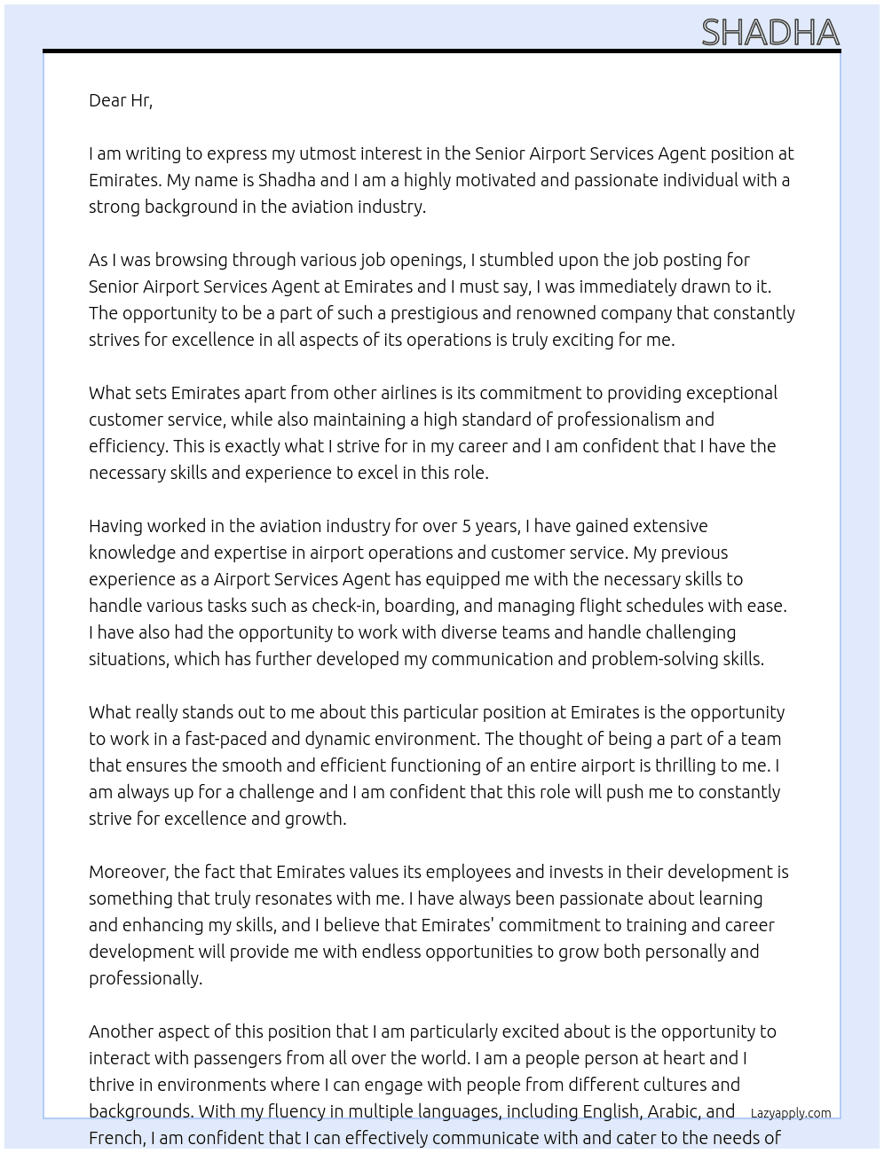 Senior airport services agent At Emirates Cover Letter