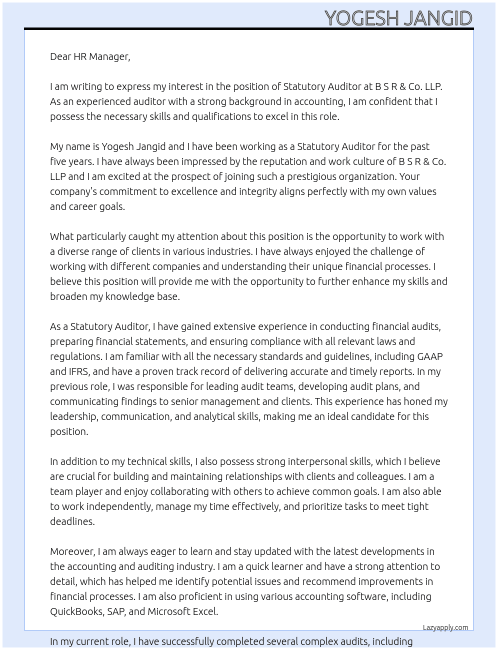 Statutory auditor At B S R & Co. LLP Cover Letter