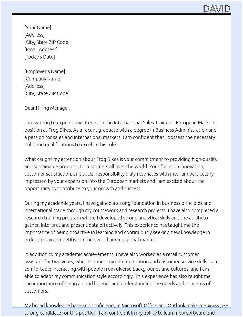 International Sales Trainee – European Markets At Frog Bikes Cover Letter