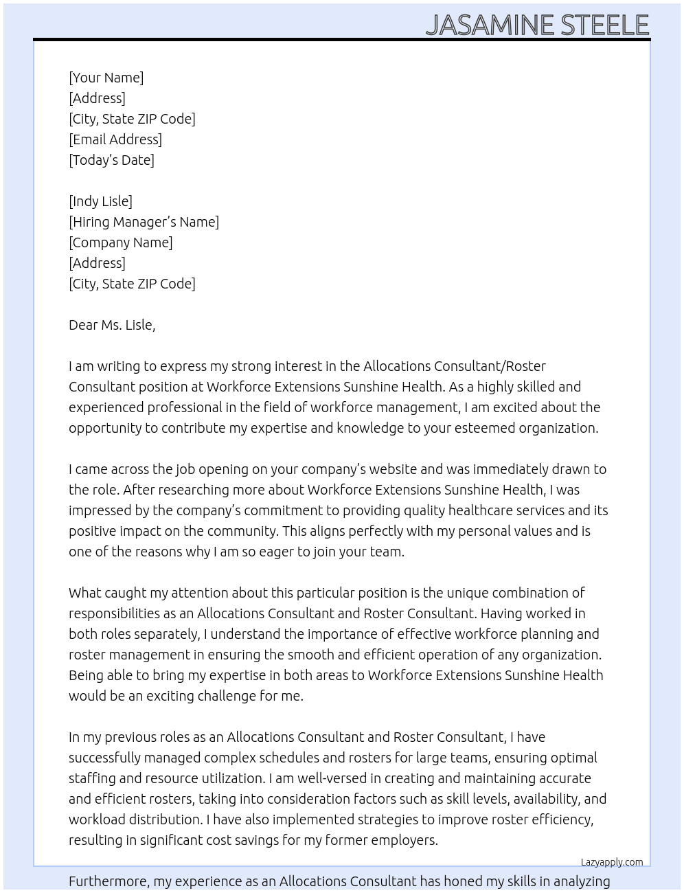 Allocations Consultant / Roster Consultant At Workforce Extensions Sunshine Healt Cover Letter