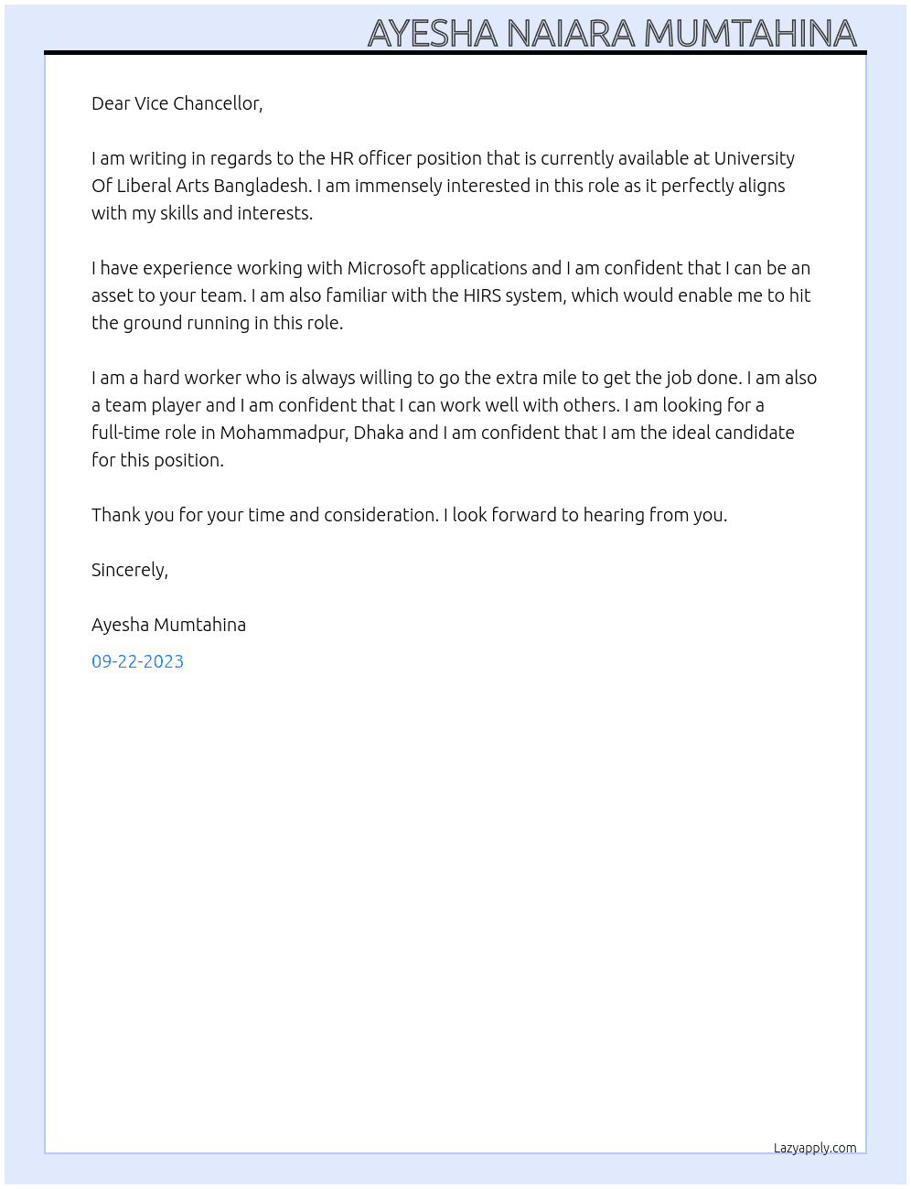 HR officer At University Of Liberal Arts Bangladesh  Cover Letter