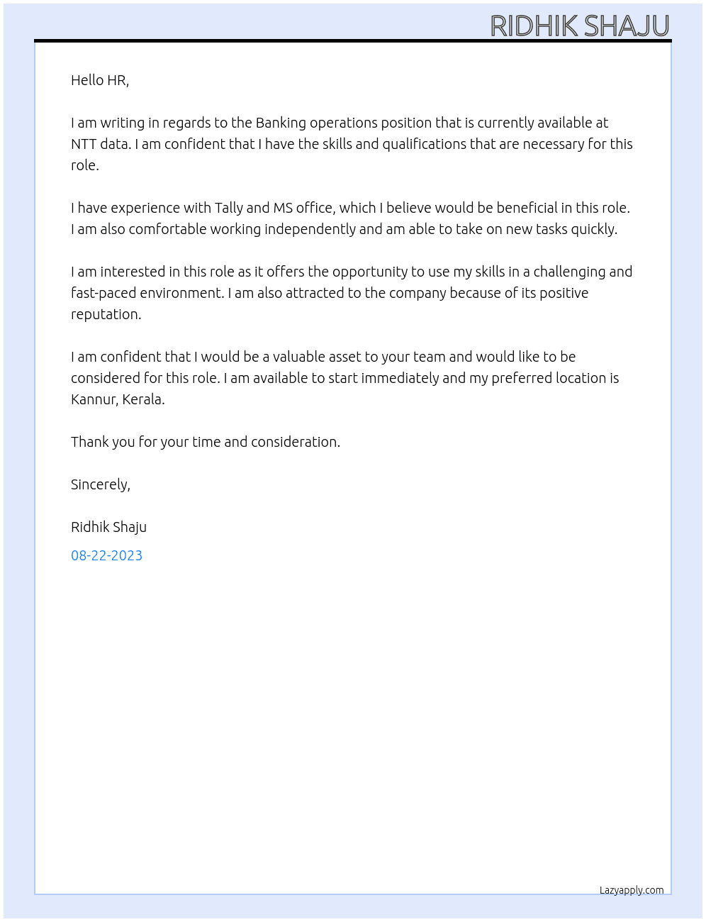 Banking operations At NTT data Cover Letter