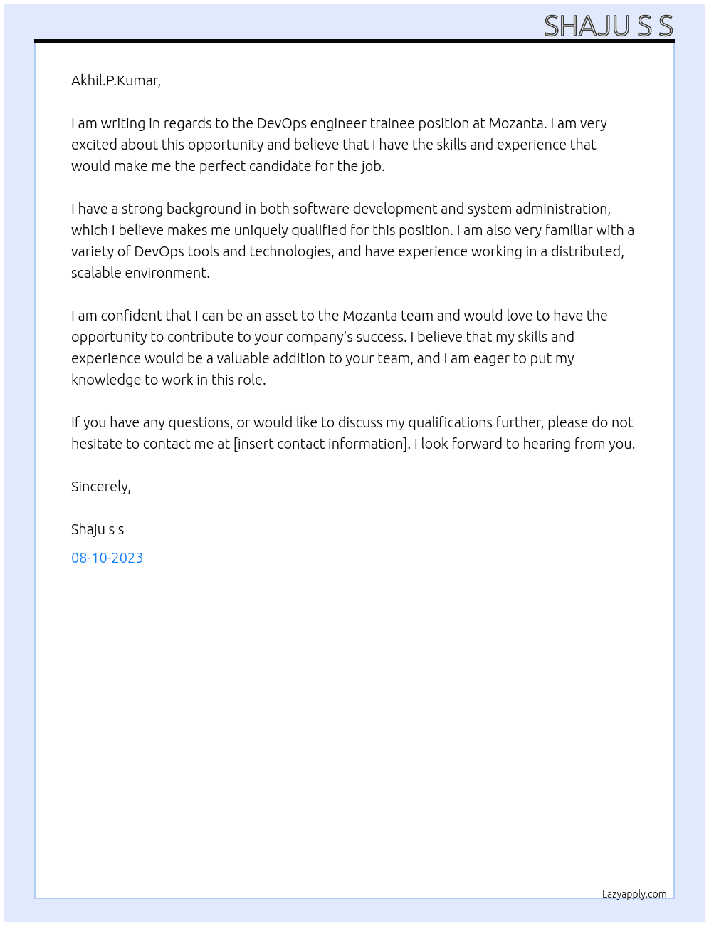 DevOps engineer trainee At Mozanta Cover Letter