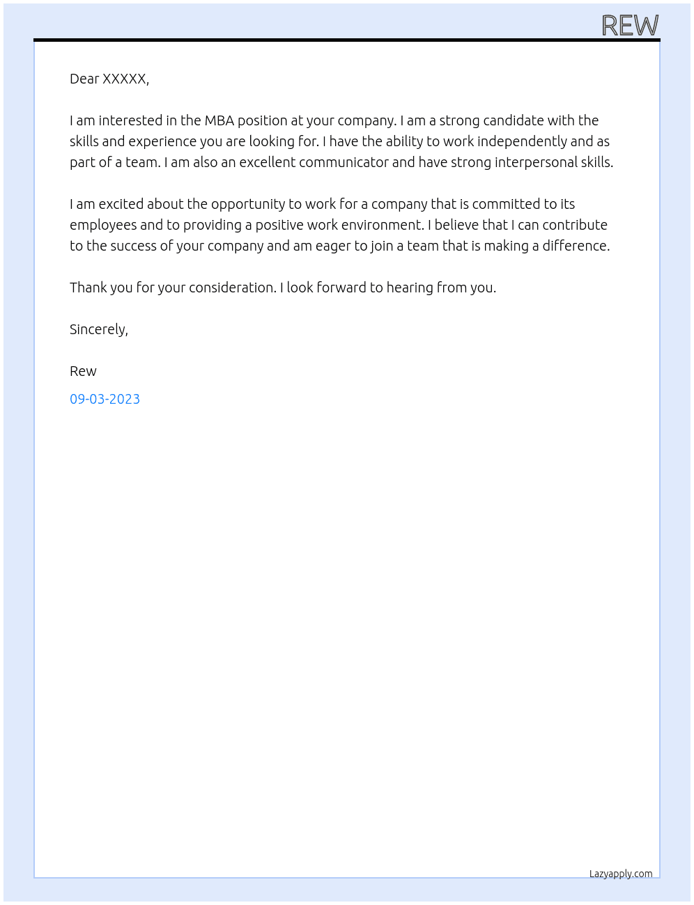 MBA At XXXXX Cover Letter