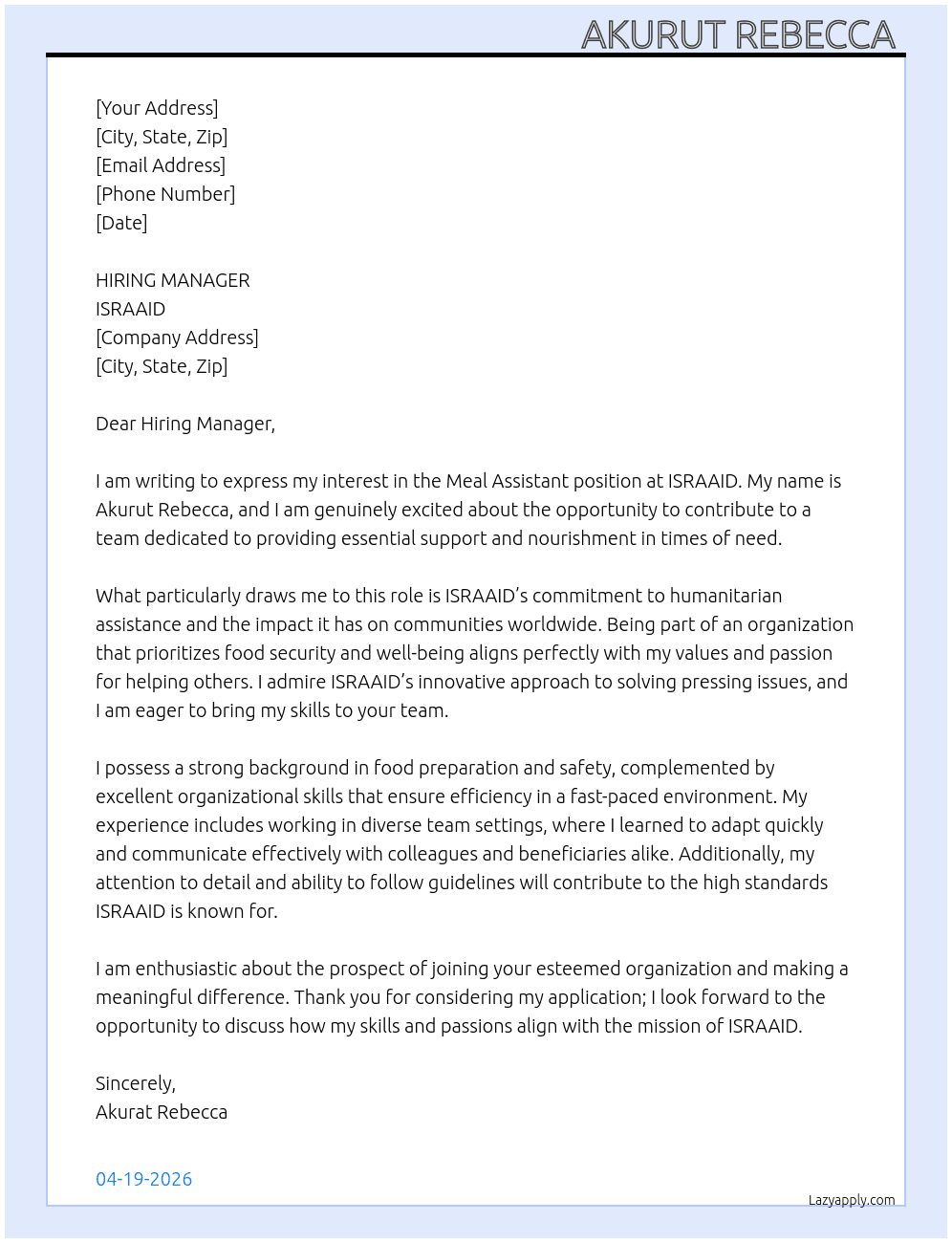 Meal assistant  At ISRAAID Cover Letter