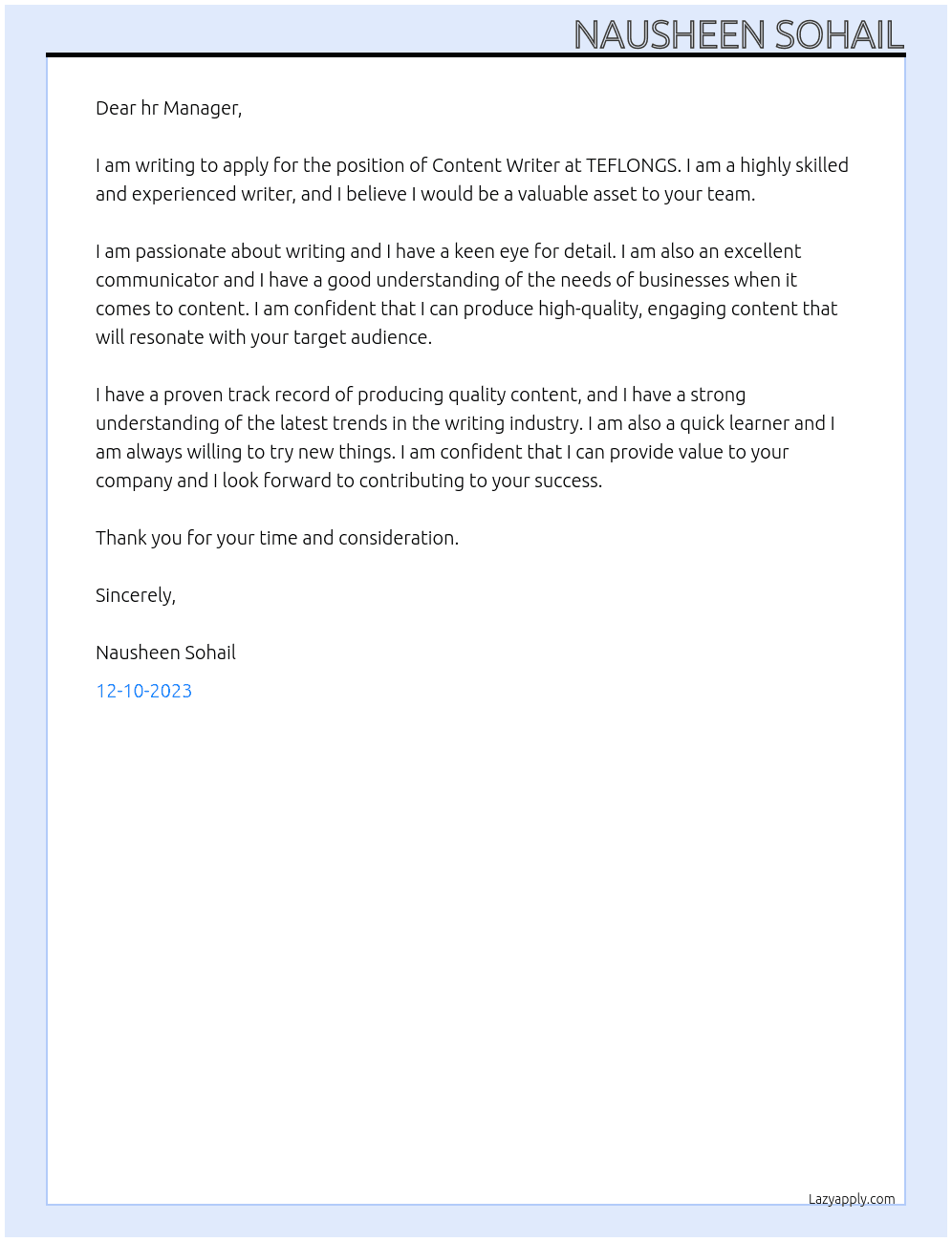 Contant Writer At TEFLONGS Cover Letter