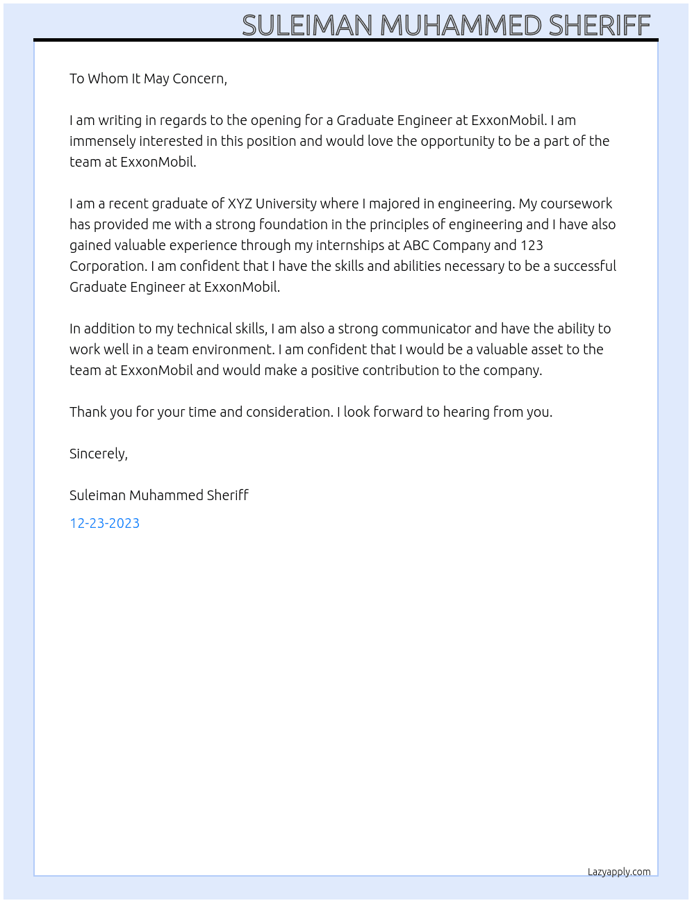 Graduate Engineer  At ExxonMobil  Cover Letter