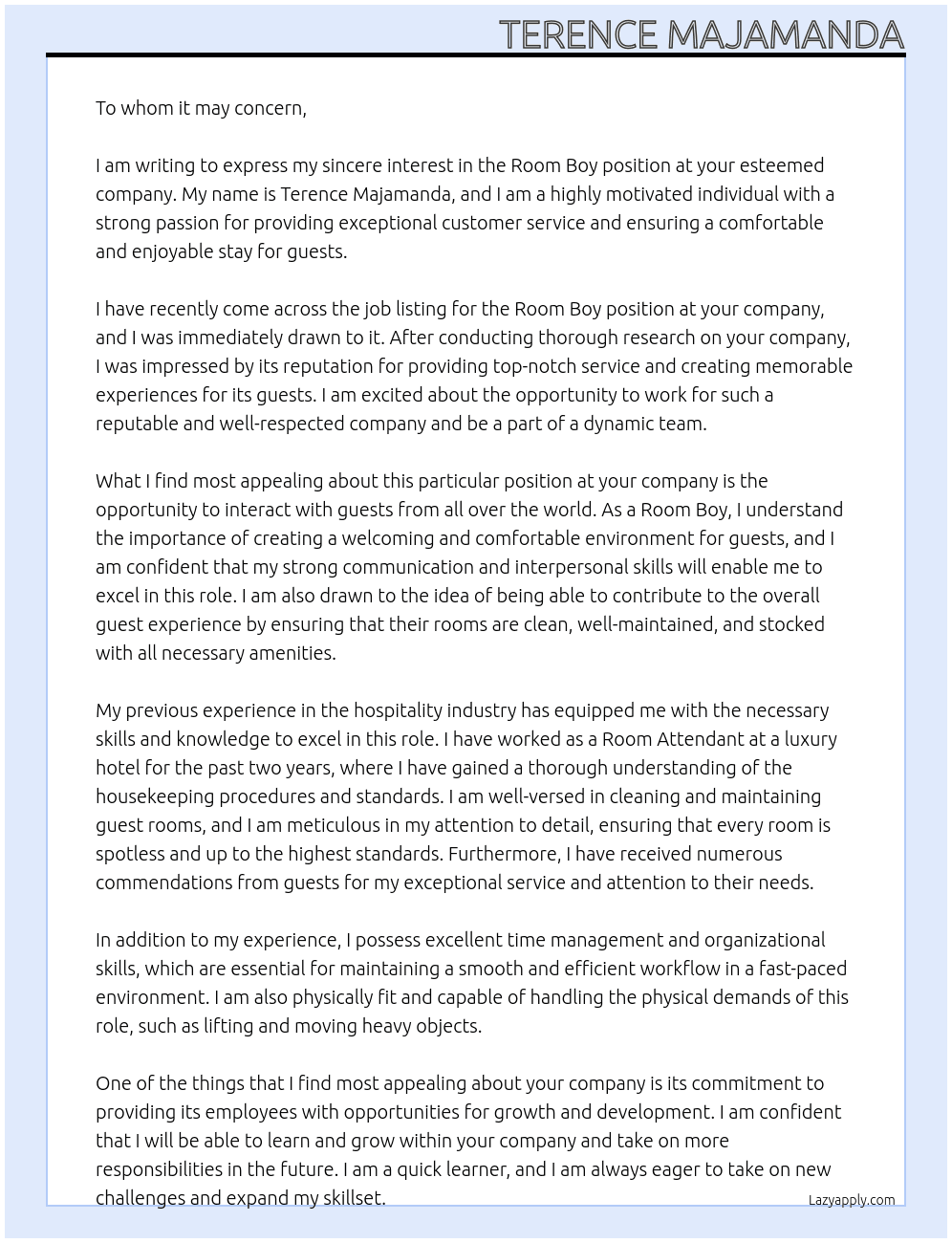 Cover letter for room boy - LazyApply