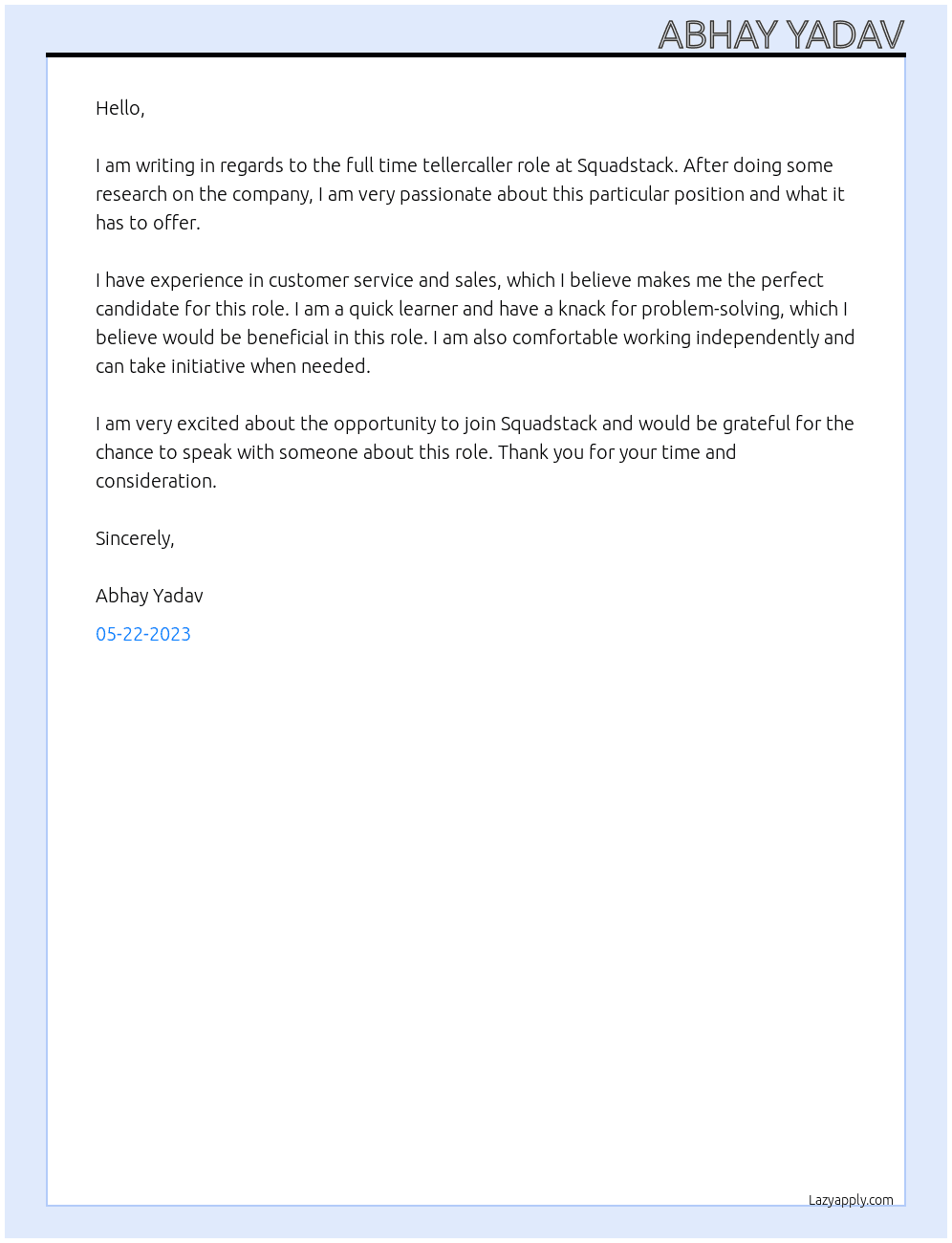 Tellecalling At Squadstack Cover Letter