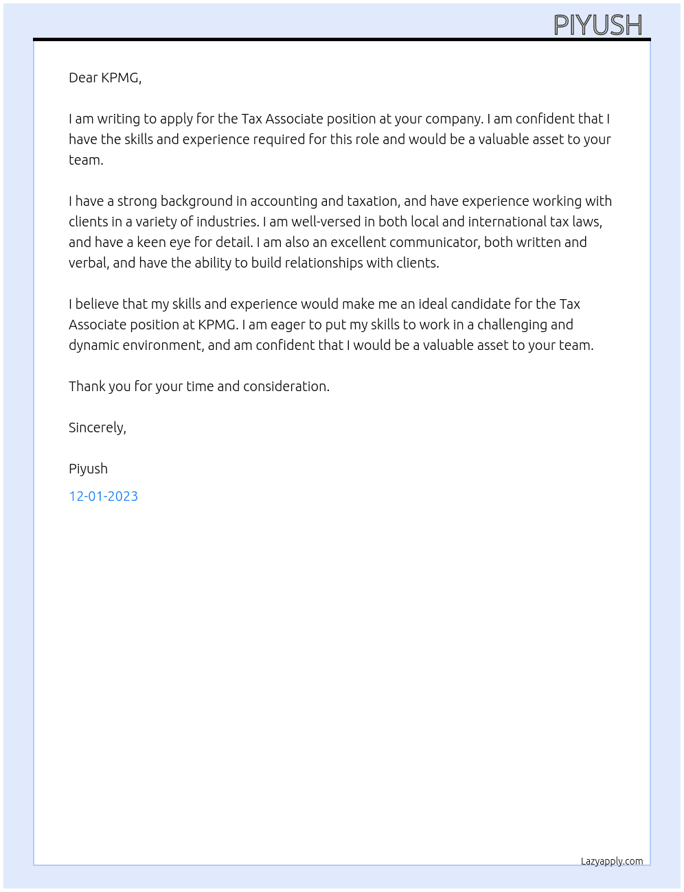 Tax Associate  At KPMG Cover Letter