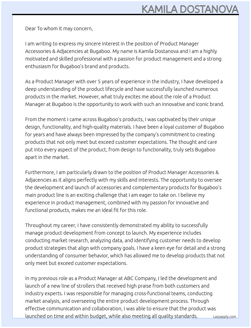 Product Manager Accessories & Adjacencies At Bugaboo Cover Letter
