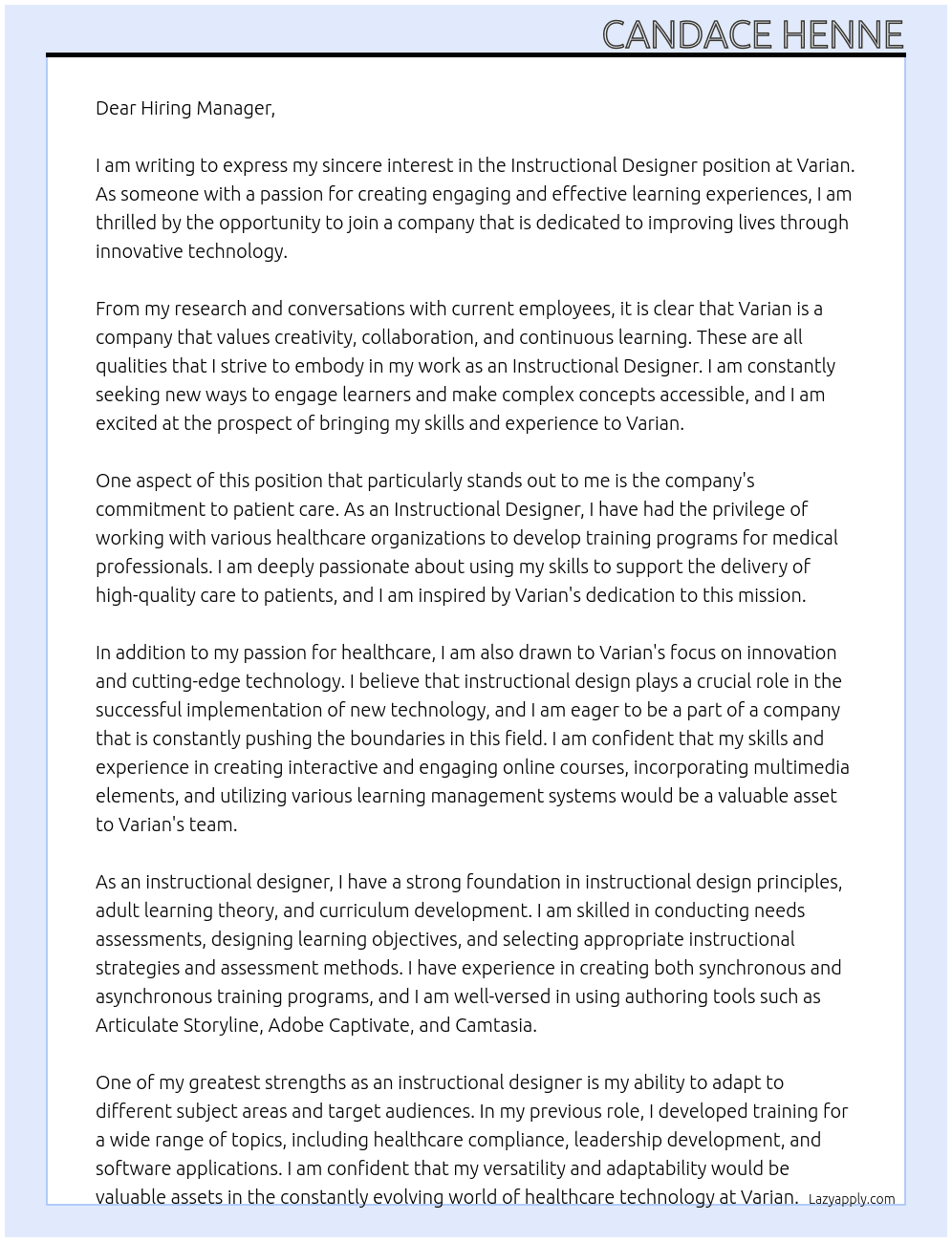 Instructional Designer At Varian Cover Letter