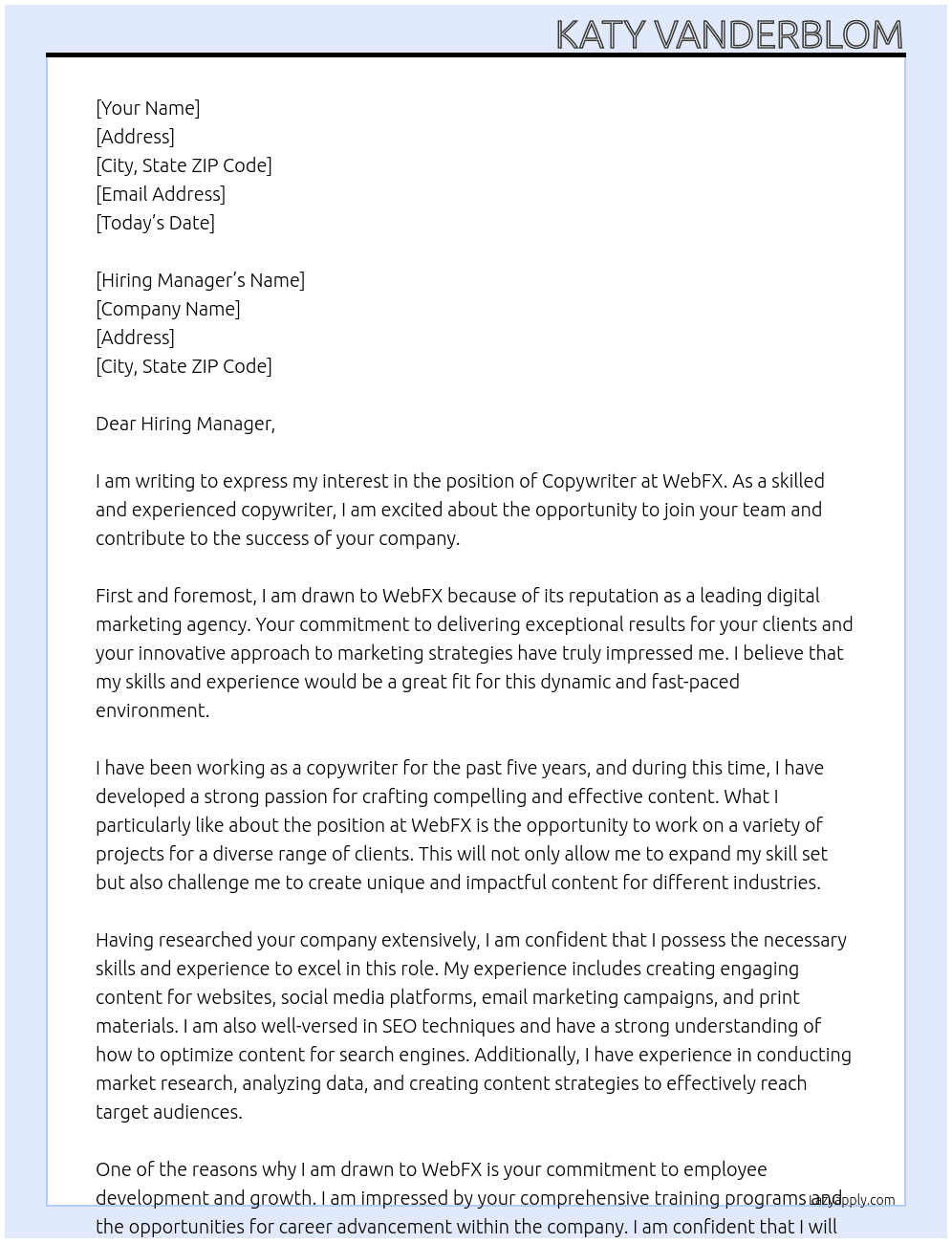 Copywriter At WebFX Cover Letter