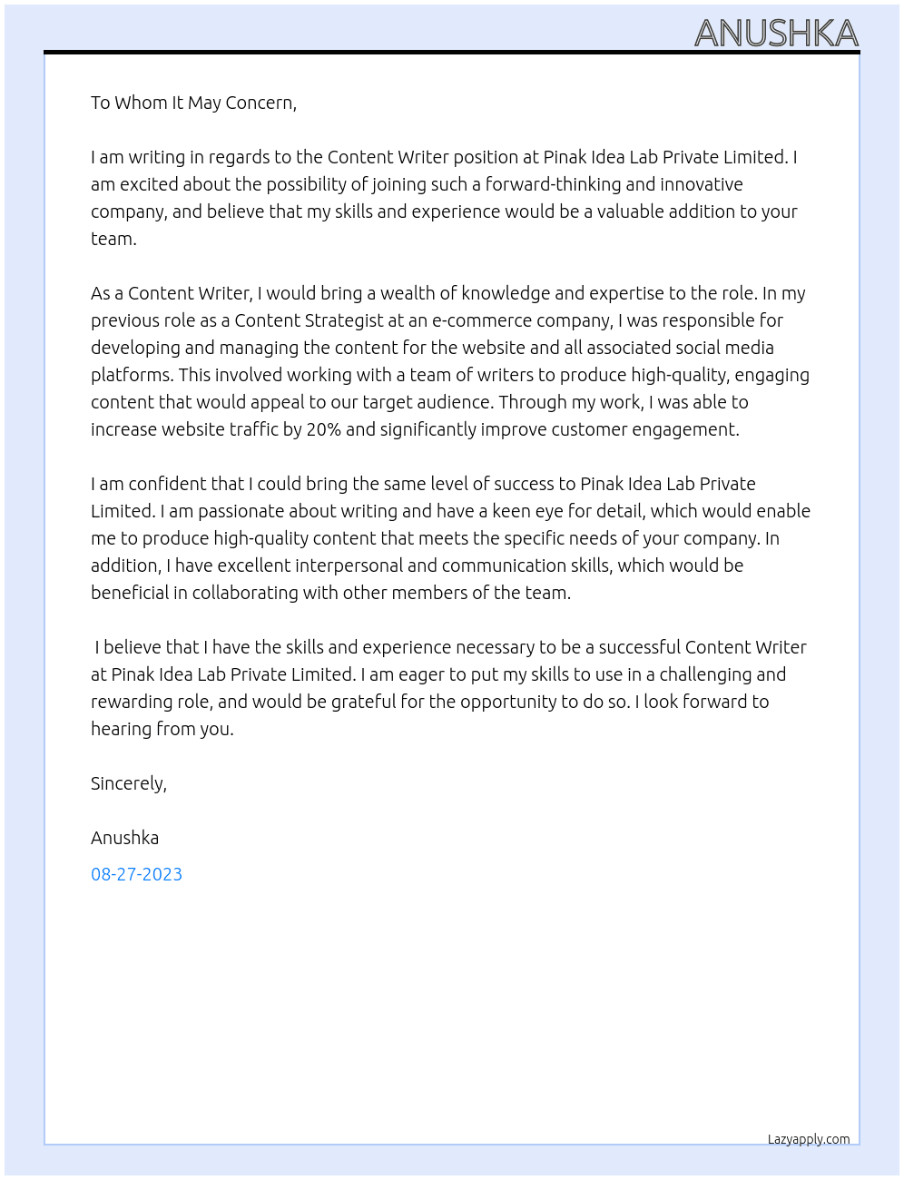Content Writer  At Pinak Idea Lab Private Limited Cover Letter