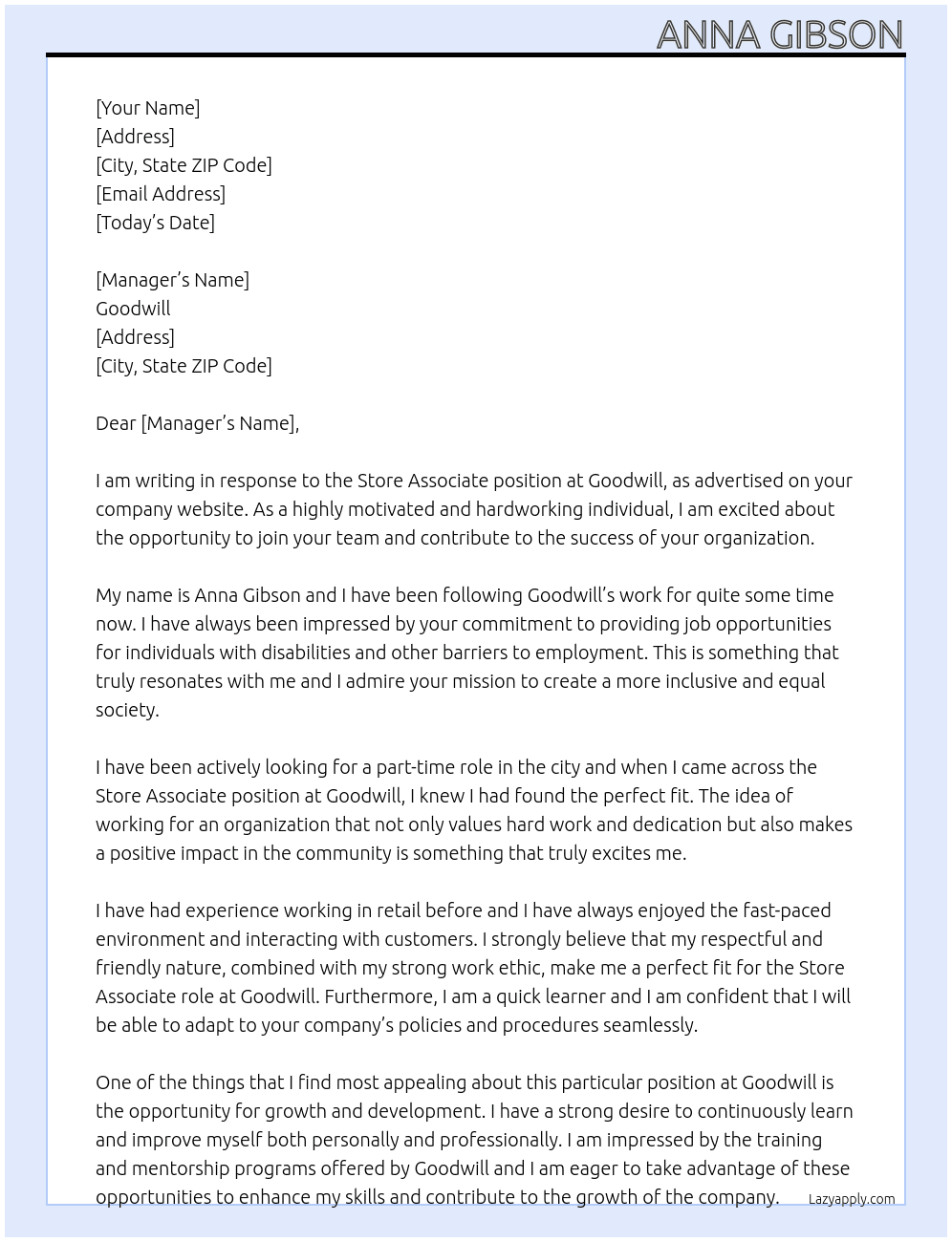 Store associate  At Goodwill Cover Letter