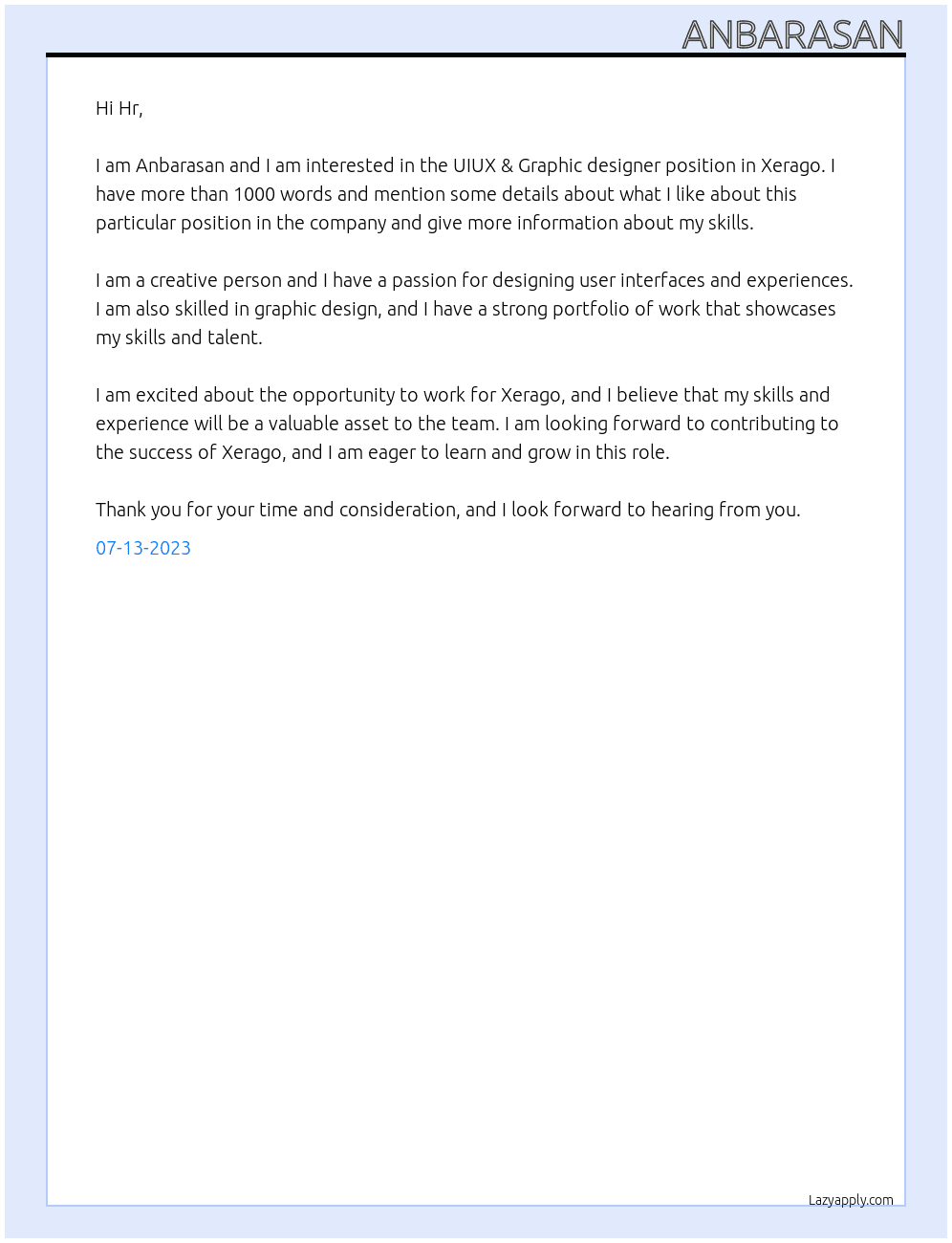 UIUX & Graphic designer At Xerago Cover Letter