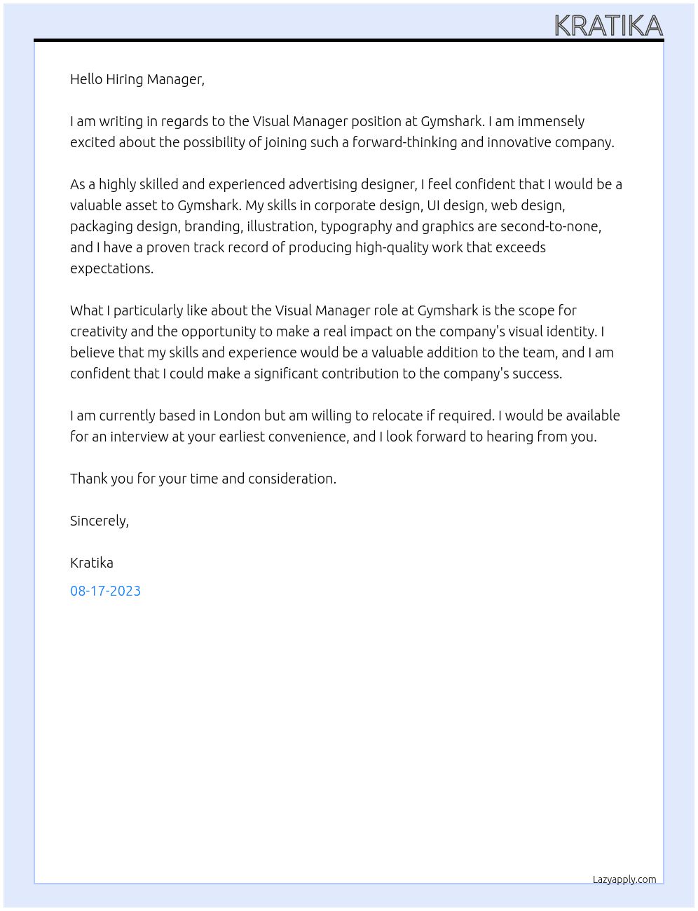 Visual Manager At Gymshark Cover Letter